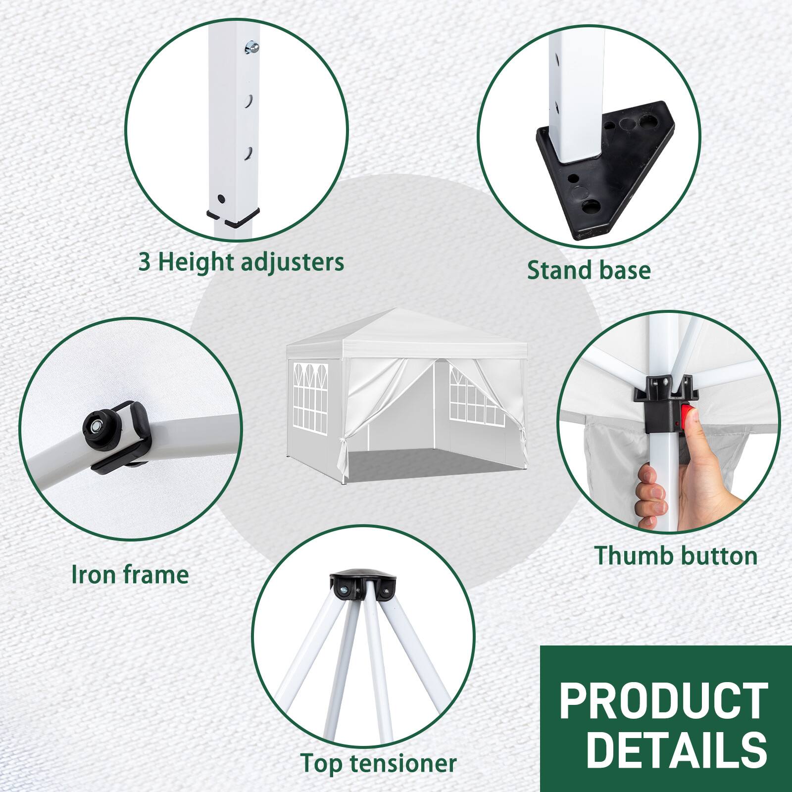 3 Height adjusters  
Stand base  
Iron frame  
Thumb button  
Top tensioner  

PRODUCT DETAILS