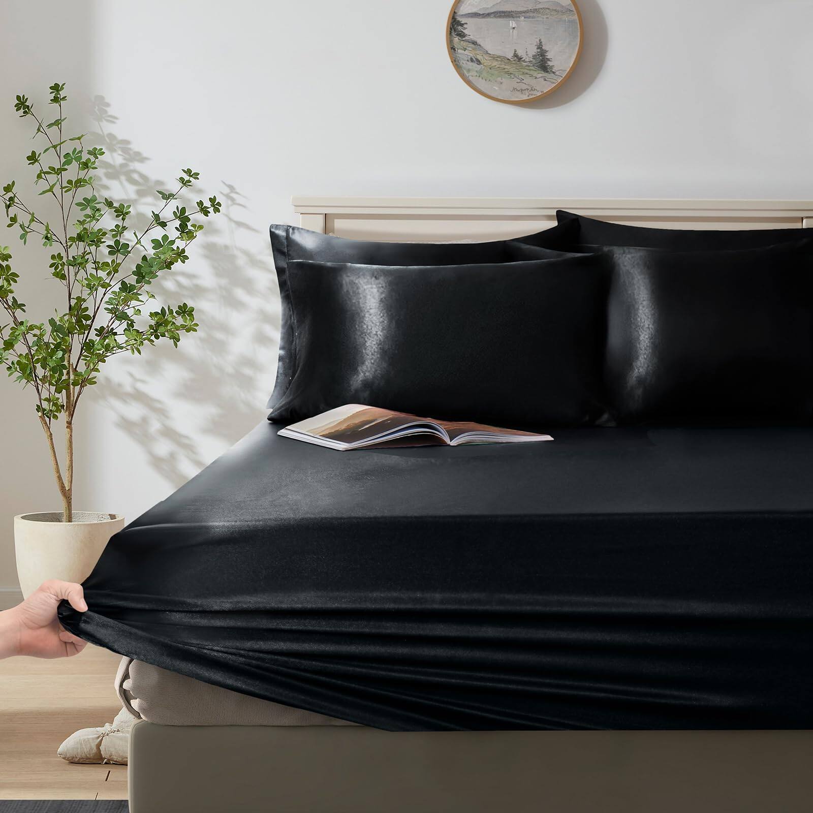 Alt View 4. Dapper Styles - Duvet Cover Set - Satin Fitted Sheet Pillowcases Silky Comforter - Black-King(Not Comforter).