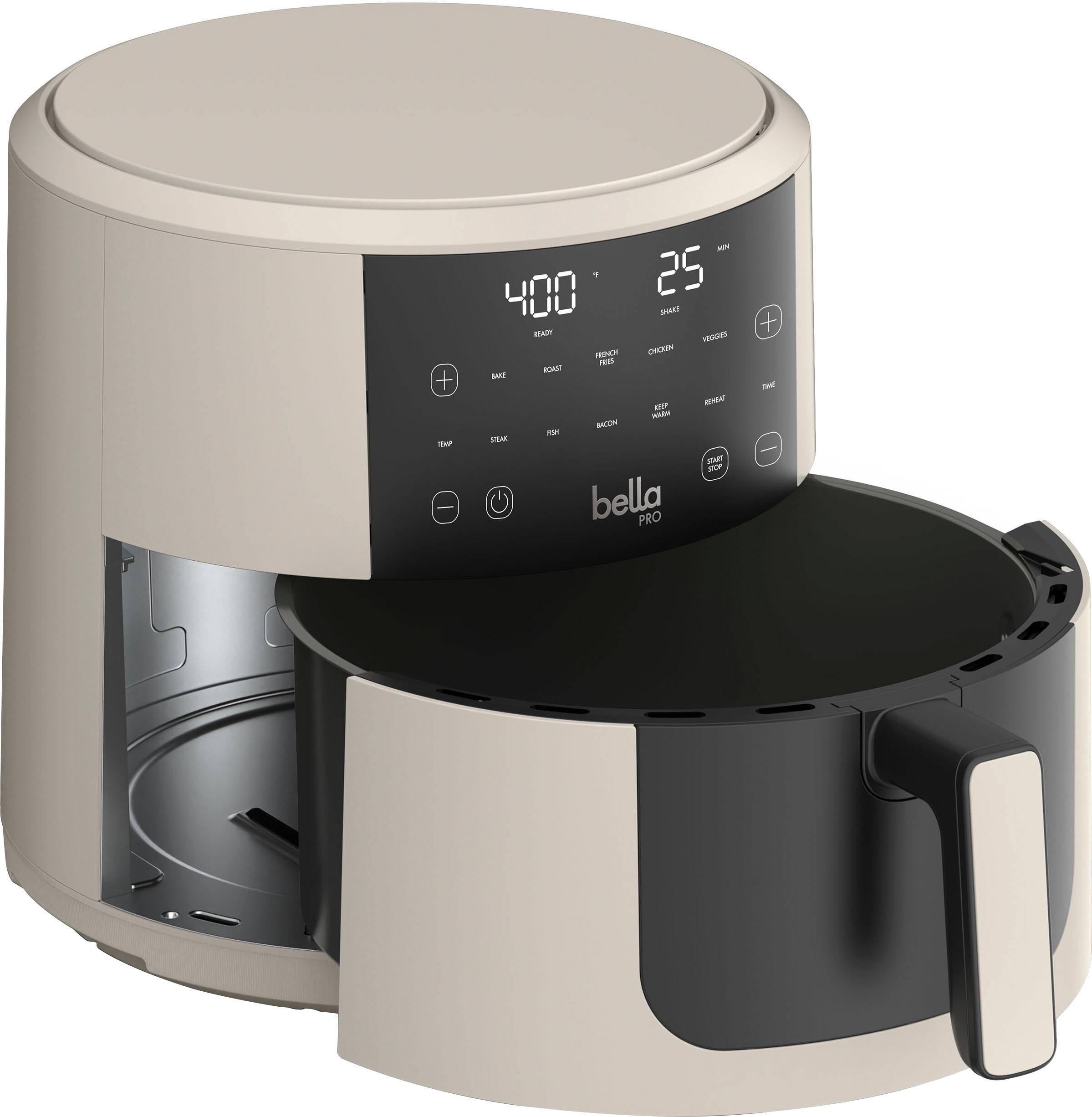The image shows a Bella Pro crockpot with a digital display. The display shows the time and temperature settings, which are currently set at 400 degrees and 25 minutes. The crockpot is open, revealing the cooking pot inside.