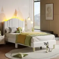 Pinmoco - Twin Upholstered Platform Bed Frame with Adjustable LED Arc Headboard - Fabric Beige - Front_Zoom