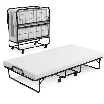 Front. Costway - Heavy Duty Foldable Bed Metal Guest Bed Daybed with 4 inch Mattress Memory Foam - White.