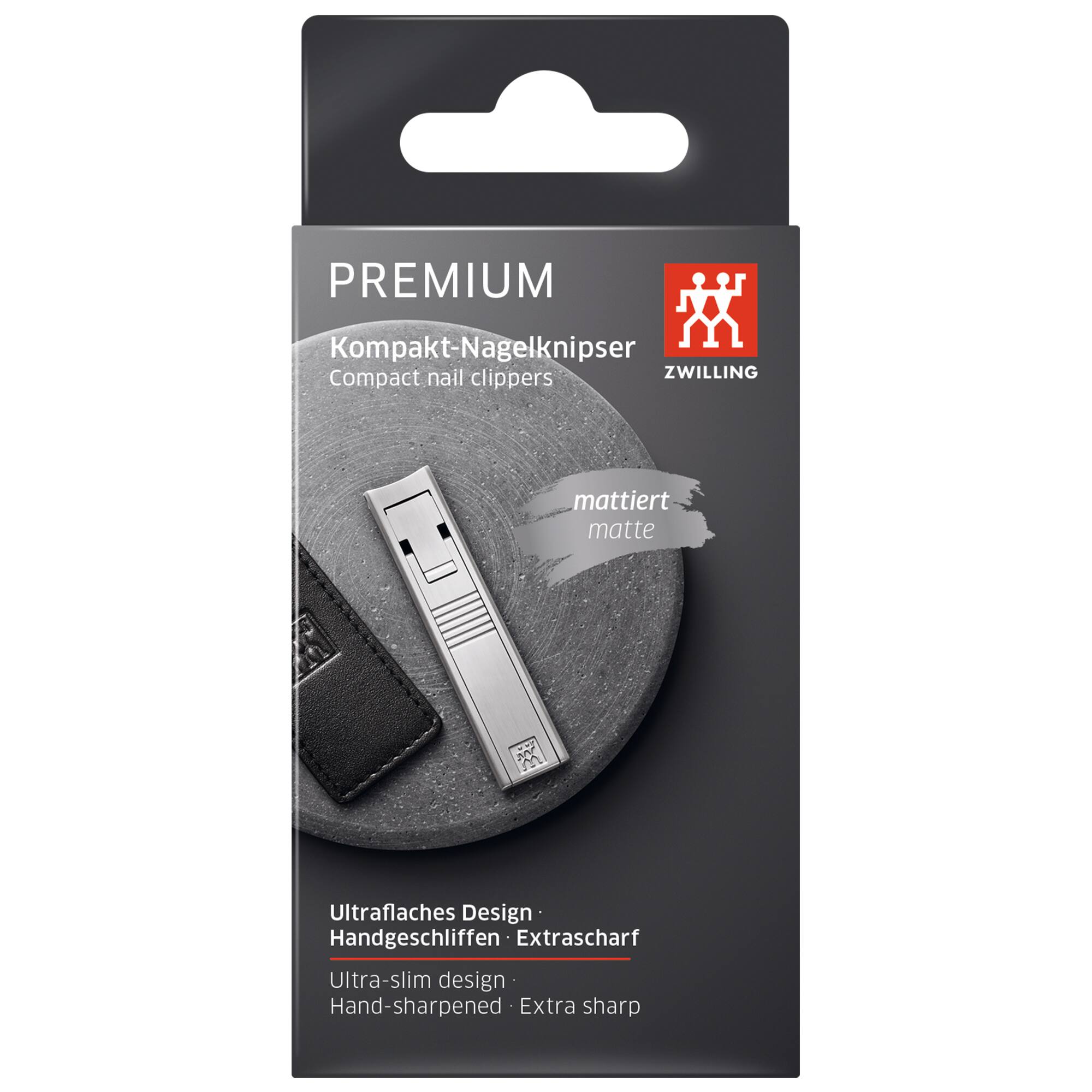 PREMIUM Kompakt-Nagelknipser Compact nail clippers ZWILLING mattiert matte a0 m Ultraflaches Design Handgeschliffen Extrascharf Ultra-slim design Hand-sharpened Extra sharp