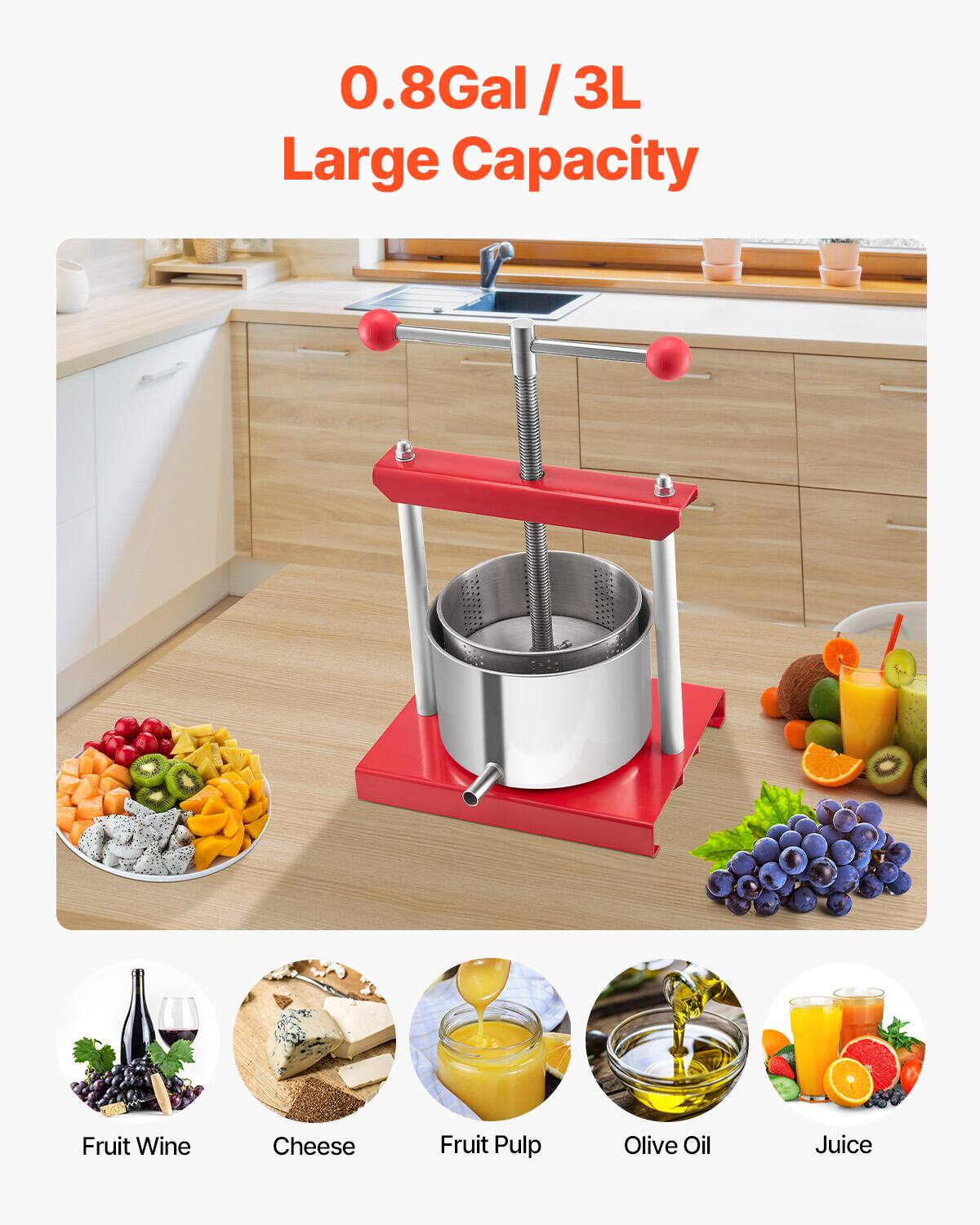 0.8Gal / 3L  
Large Capacity  

Fruit Wine  
Cheese  
Fruit Pulp  
Olive Oil  
Juice