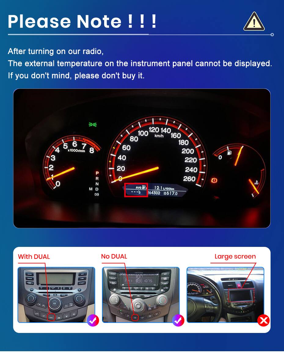 Please Note !!!  
After turning on our radio, The external temperature on the instrument panel cannot be displayed. If you don't mind, please don't buy it.  

With DUAL  
No DUAL  
Large screen