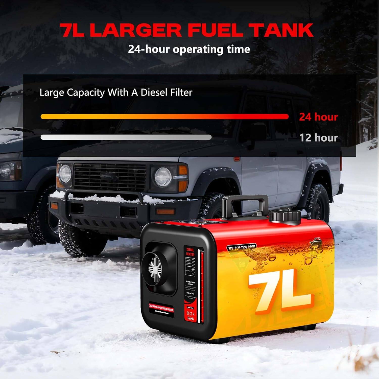 7L Larger Fuel Tank  
24-hour operating time  
Large Capacity With A Diesel Filter  
24 hour  
12 hour
