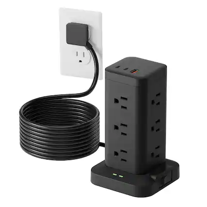 Front. Dazzed Corner - Power Strip Tower with Surge Protector, 10FT Extension Cord - Black.