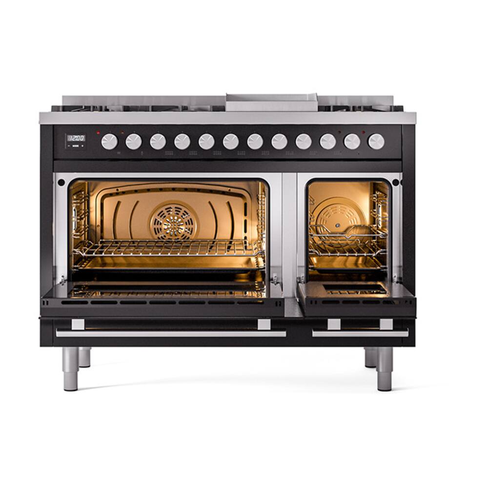 Alt View 1. ILVE - ILVE Professional Plus II Series 48 in. Dual Fuel Range with 8 Sealed Burners + Griddle (Natural Gas, Satin Trim) - Glossy Black.