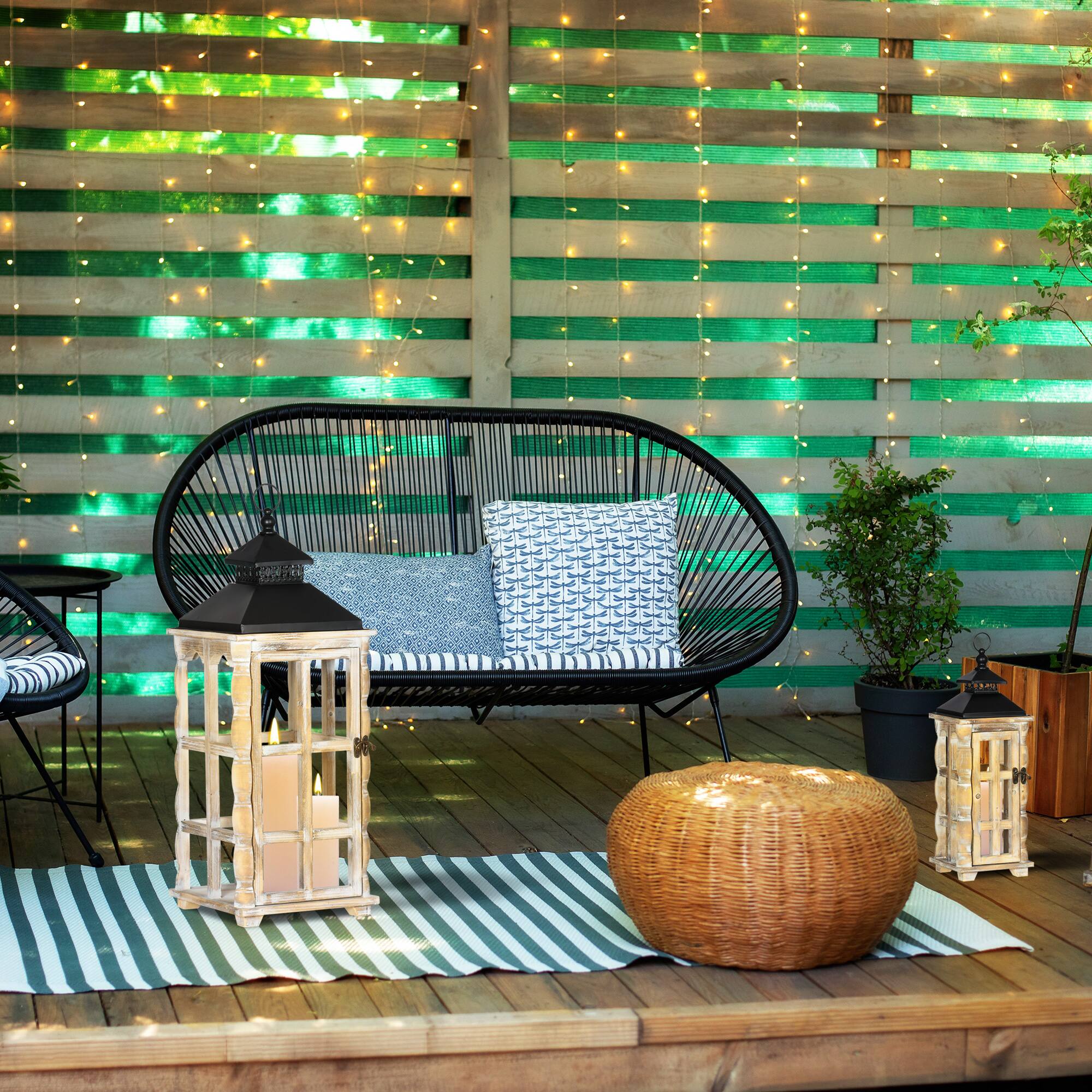 Alt View 8. Homcom - 2-Pack Rustic Lanterns: 31"/21" Wood Metal Hanging Decor - Black, Distressed Wood Color.