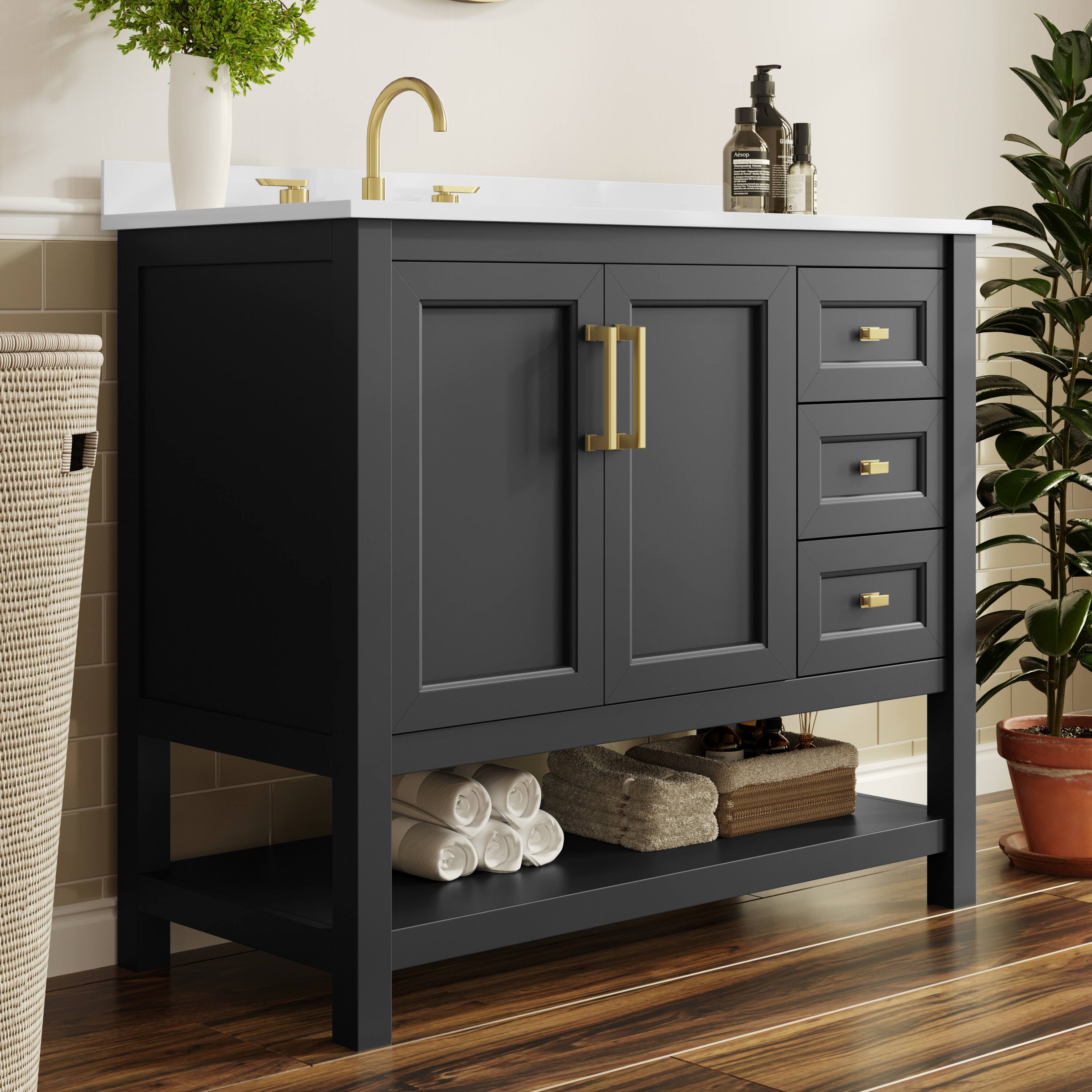 Alt View 2. Flash Furniture - Vega 42" Bathroom Vanity with Sink, Cabinet with Gold Hardware, Soft Close Doors, Open Shelf & 3 Drawers, Carrara Marble - Black.