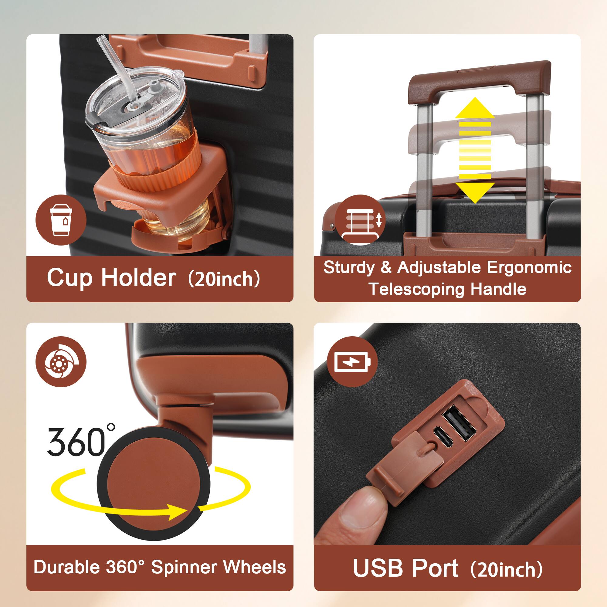 - Cup Holder (20inch)
- Sturdy & Adjustable Ergonomic Telescoping Handle
- Durable 360° Spinner Wheels
- USB Port (20inch)