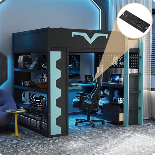 Anysun - Full Size Gaming Loft Bed with Desk & RGB Lights - Pro-Gamer Bed with Power Outlet, Bookshelf, Pegboard & Storage Drawer - Blue