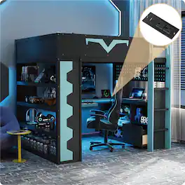 Anysun - Full Size Gaming Loft Bed with Desk & RGB Lights - Pro-Gamer Bed with Power Outlet, Bookshelf, Pegboard & Storage Drawer - Blue