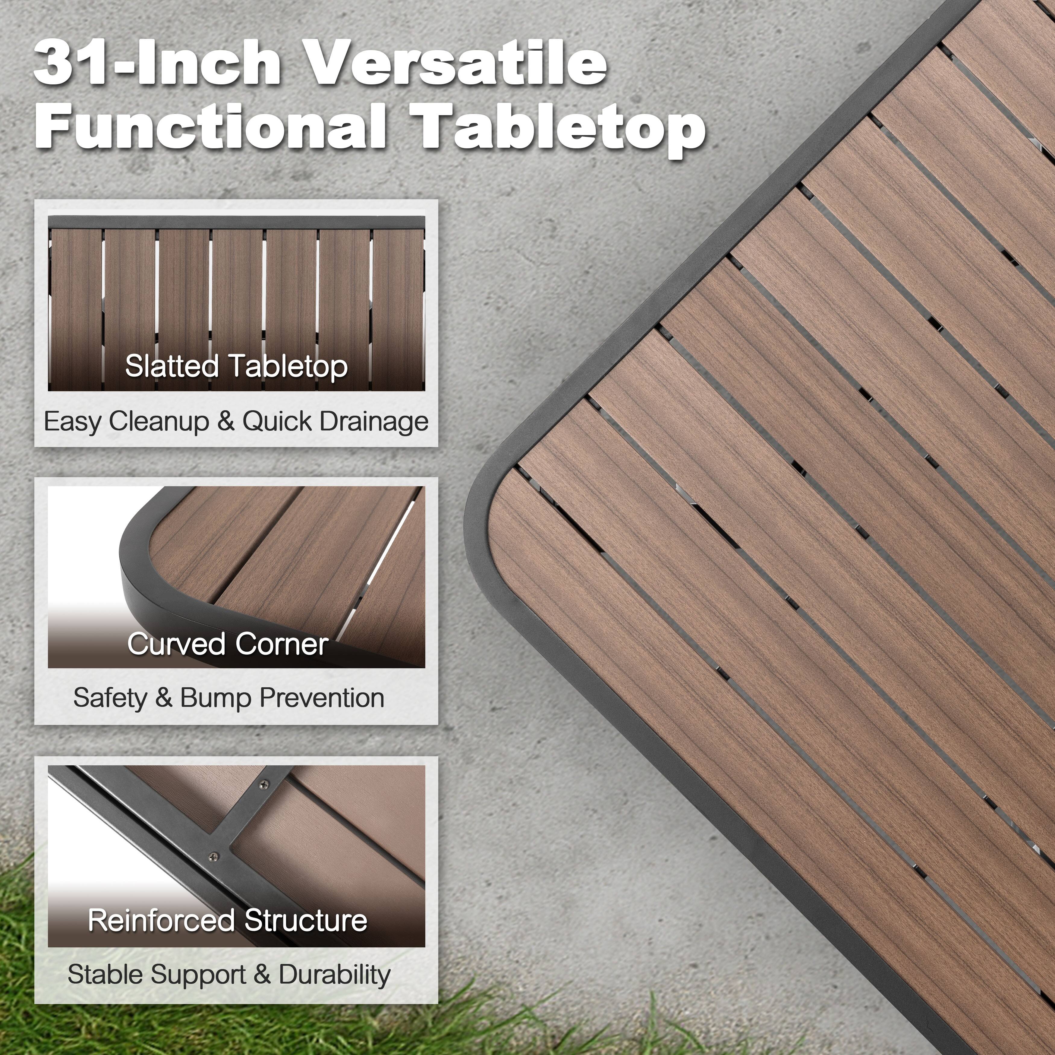 31-Inch Versatile Functional Tabletop

- Slatted Tabletop
  - Easy Cleanup & Quick Drainage

- Curved Corner
  - Safety & Bump Prevention

- Reinforced Structure
  - Stable Support & Durability