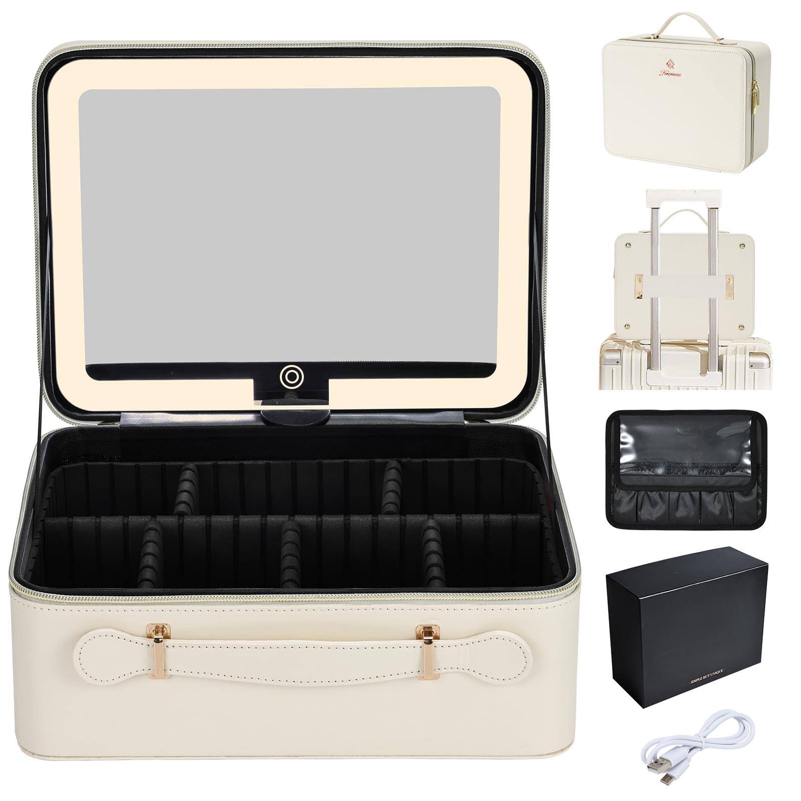Front. VEGA AUTOMOTIVE - Leather Makeup Case With Led Lighted Mirror 11 Travel Bag Adjustable Brightness In 3 Colors Organizer Artis - 11.4 Inch White.