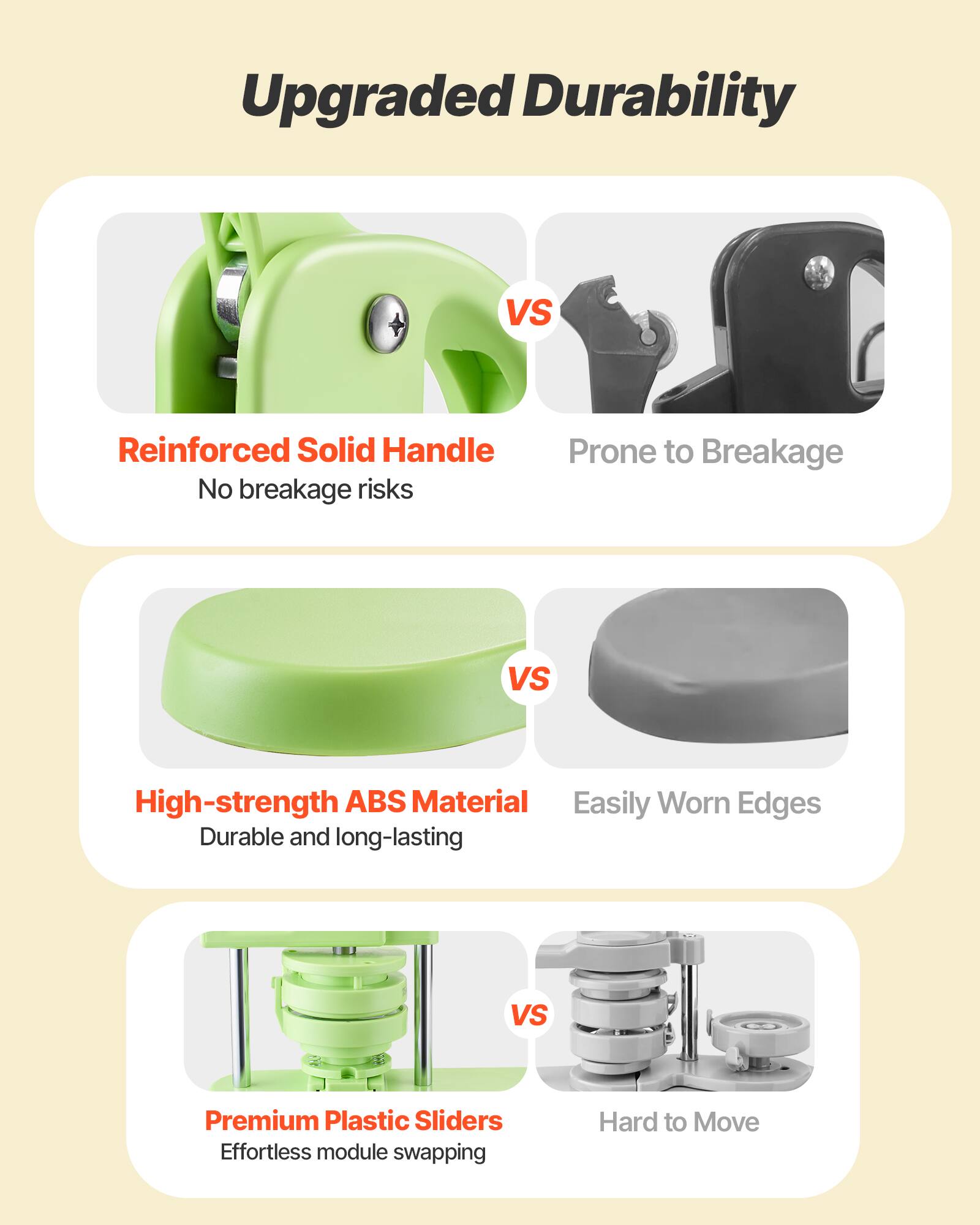 Upgraded Durability

- Reinforced Solid Handle
  - No breakage risks
  - Prone to Breakage

- High-strength ABS Material
  - Durable and long-lasting
  - Easily Worn Edges

- Premium Plastic Sliders
  - Effortless module swapping
  - Hard to Move