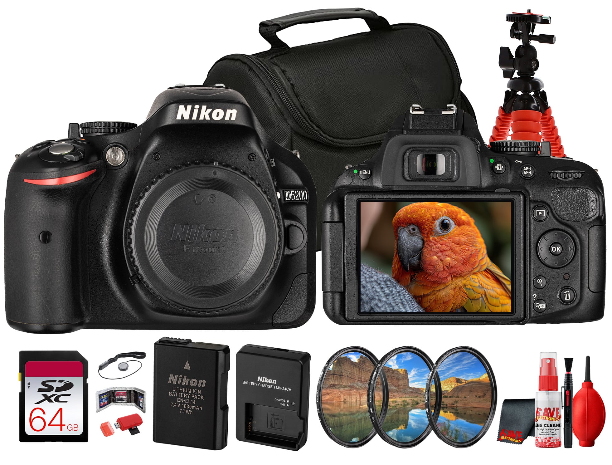 D5200 DSLR Body Only, 24.1MP DX APS-C Nikon F-Mount Camera Starter Bundle