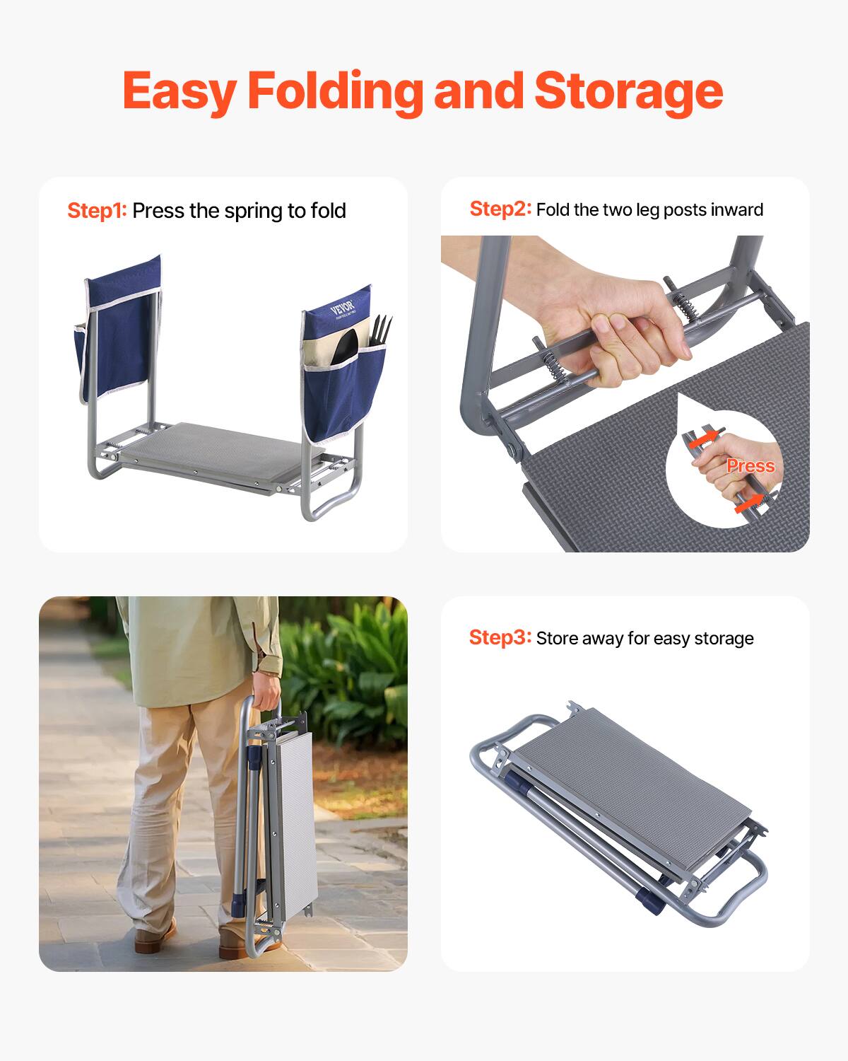 Easy Folding and Storage

Step1: Press the spring to fold

Step2: Fold the two leg posts inward

Step3: Store away for easy storage