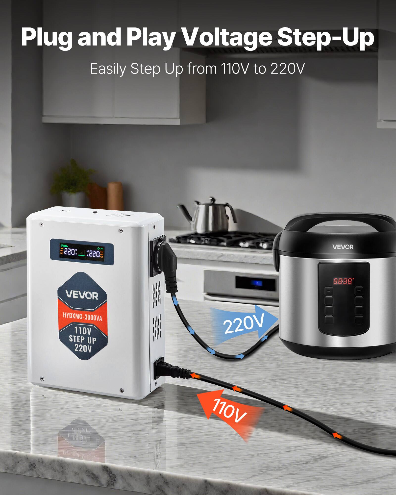 Plug and Play Voltage Step-Up  
Easily Step Up from 110V to 220V

:055 220 VEVOR HYDXMG-3000VA 110V STEP UP 220V

220V  
VEVOR 8.8:38' +  
110V
