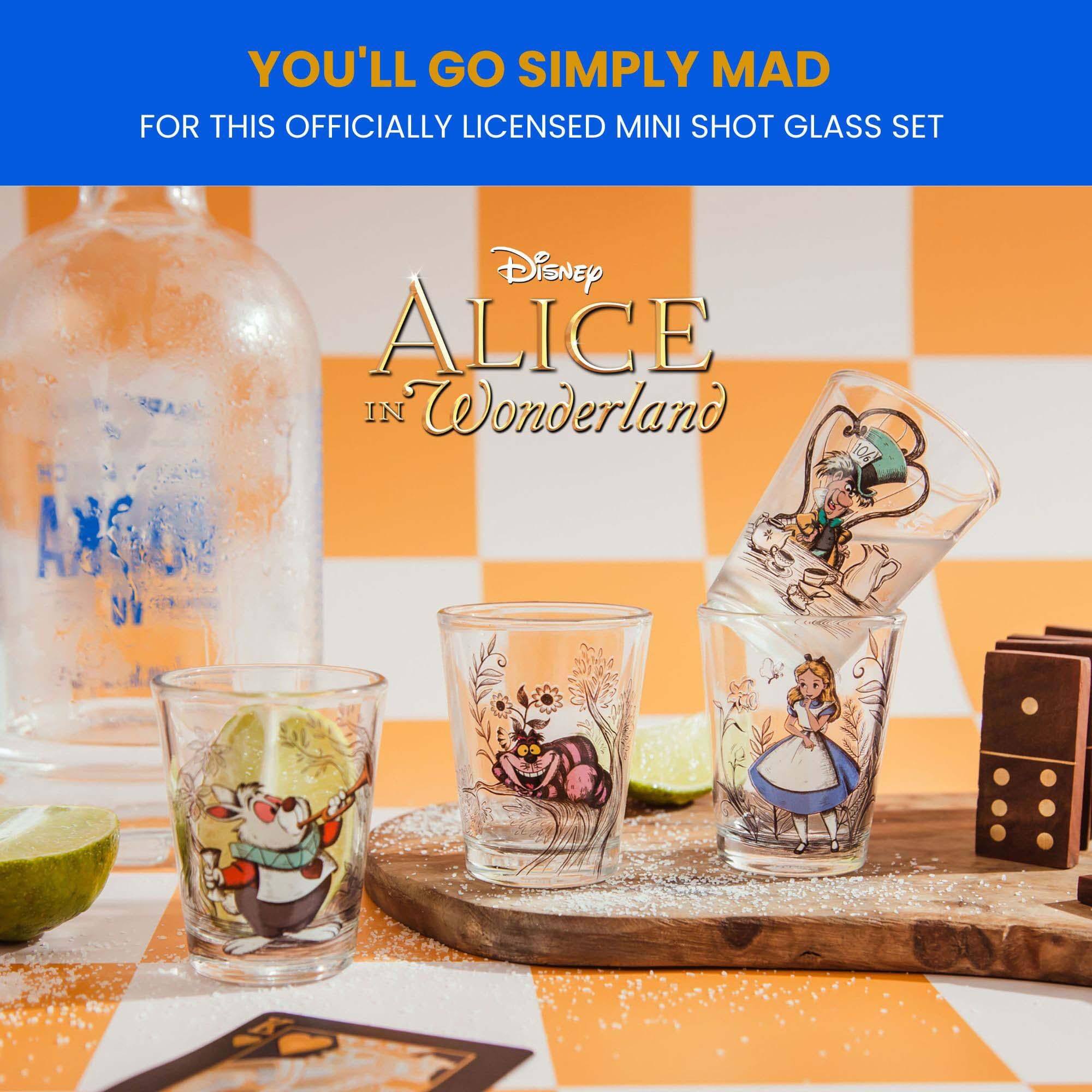 YOU'LL GO SIMPLY MAD  
FOR THIS OFFICIALLY LICENSED MINI SHOT GLASS SET  

Disney  
ALICE IN WONDERLAND
