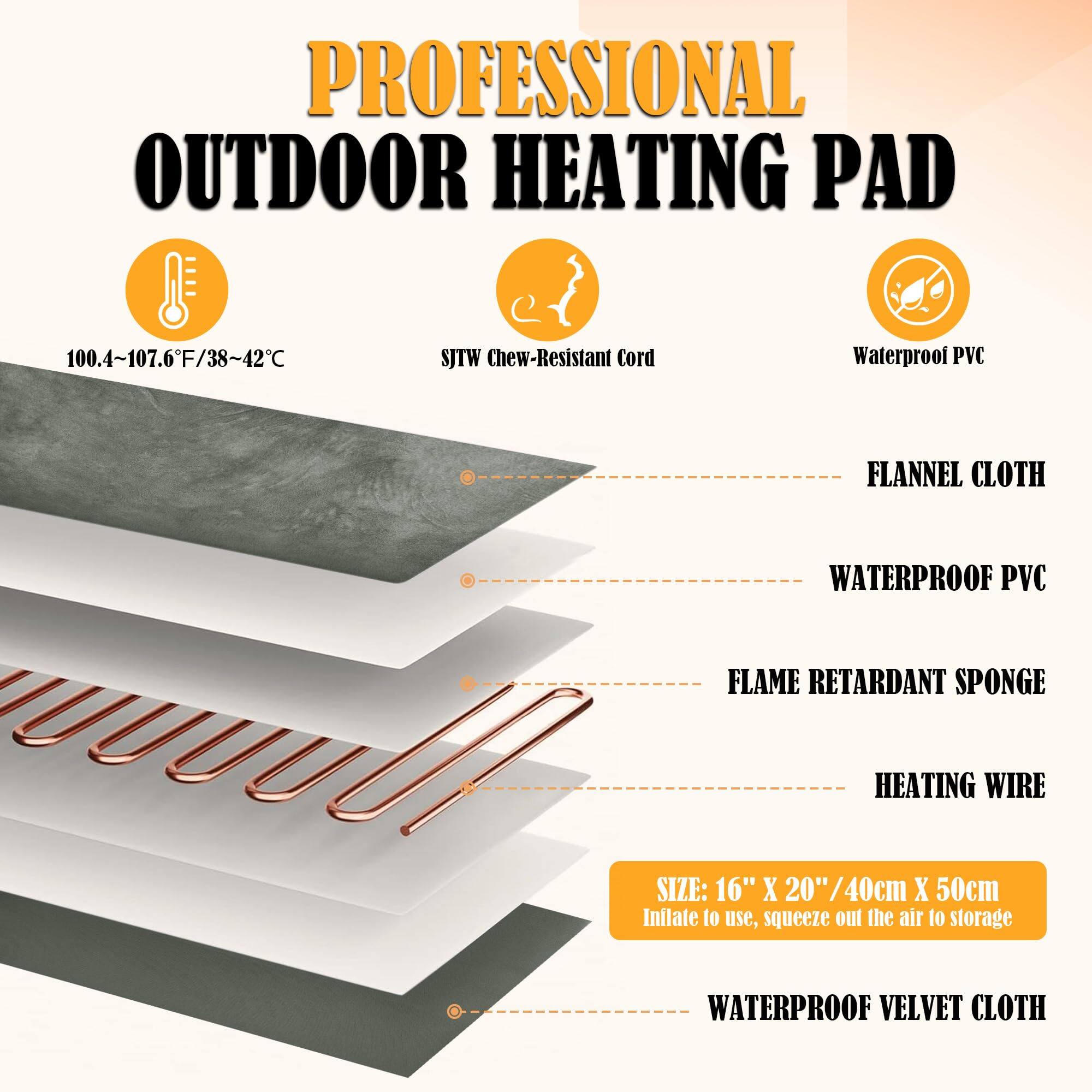 **PROFESSIONAL OUTDOOR HEATING PAD**

- **100.4~107.6°F / 38~42°C**
- **SJTW Chew-Resistant Cord**
- **Waterproof PVC**

**FLANNEL CLOTH**

**WATERPROOF PVC**

**FLAME RETARDANT SPONGE**

**HEATING WIRE**

**WATERPROOF VELVET CLOTH**

**SIZE: 16" X 20"/40cm X 50cm**

*Inflate to use, squeeze out the air to storage*