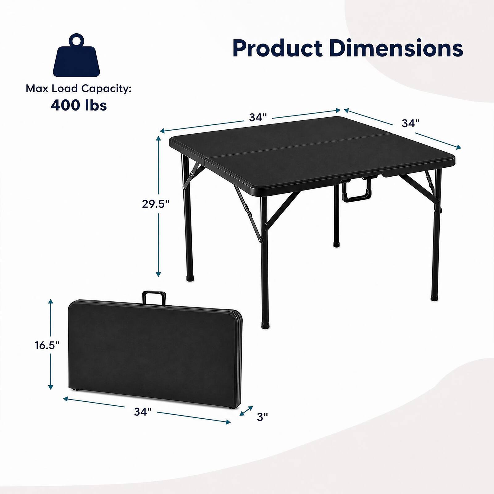 Product Dimensions

Max Load Capacity: 400 lbs

34" x 34" x 29.5" x 16.5" x 3"