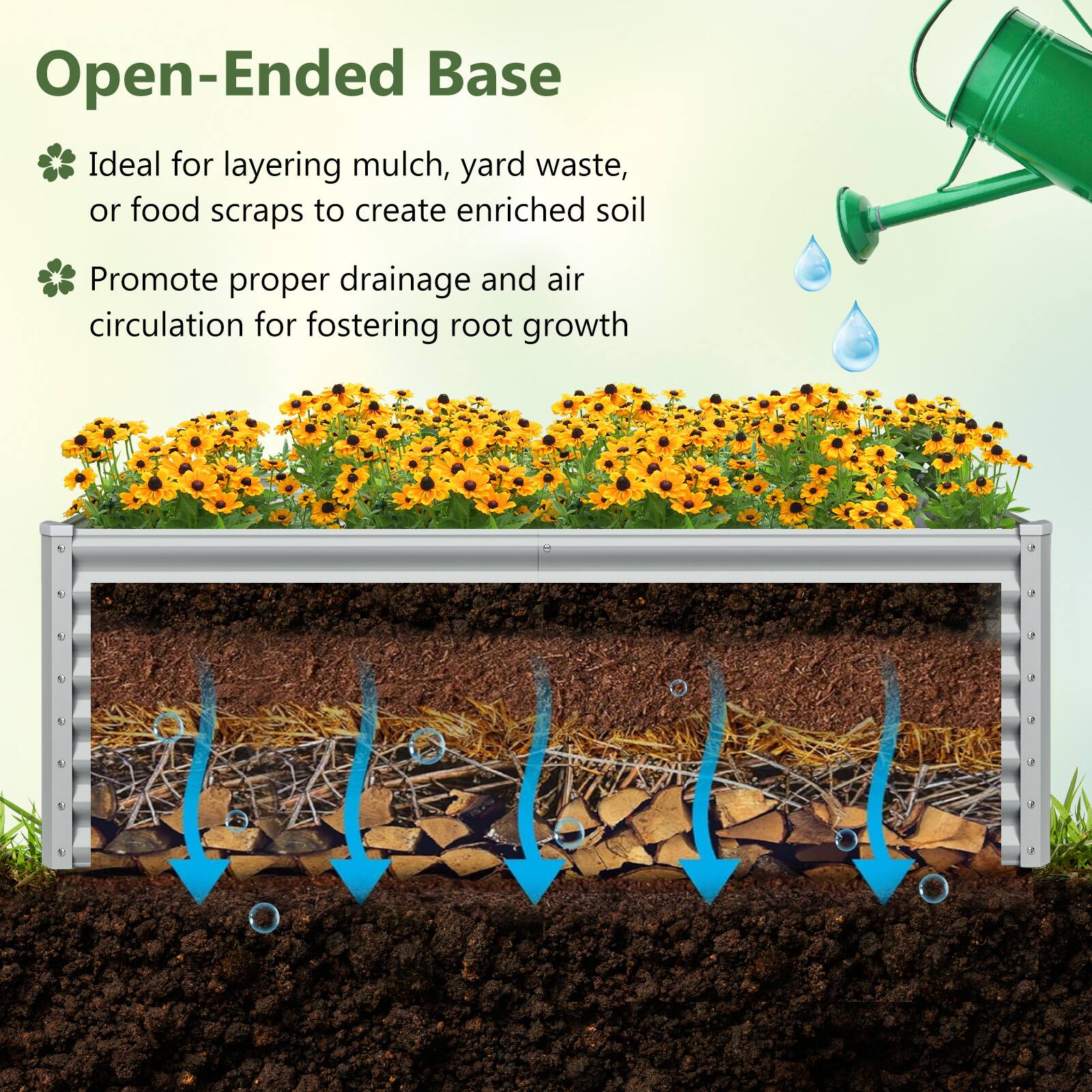 Open-Ended Base

- Ideal for layering mulch, yard waste, or food scraps to create enriched soil
- Promote proper drainage and air circulation for fostering root growth