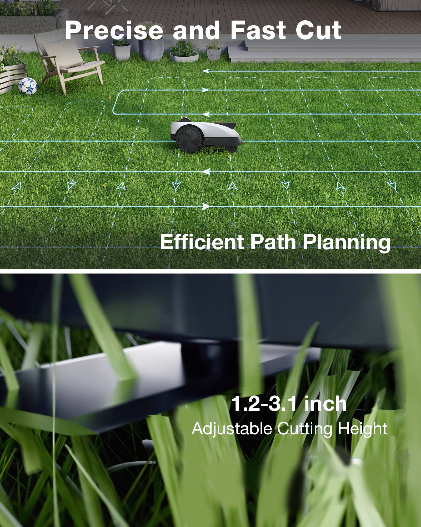 Precise and Fast Cut  
Efficient Path Planning  

1.2-3.1 inch Adjustable Cutting Height