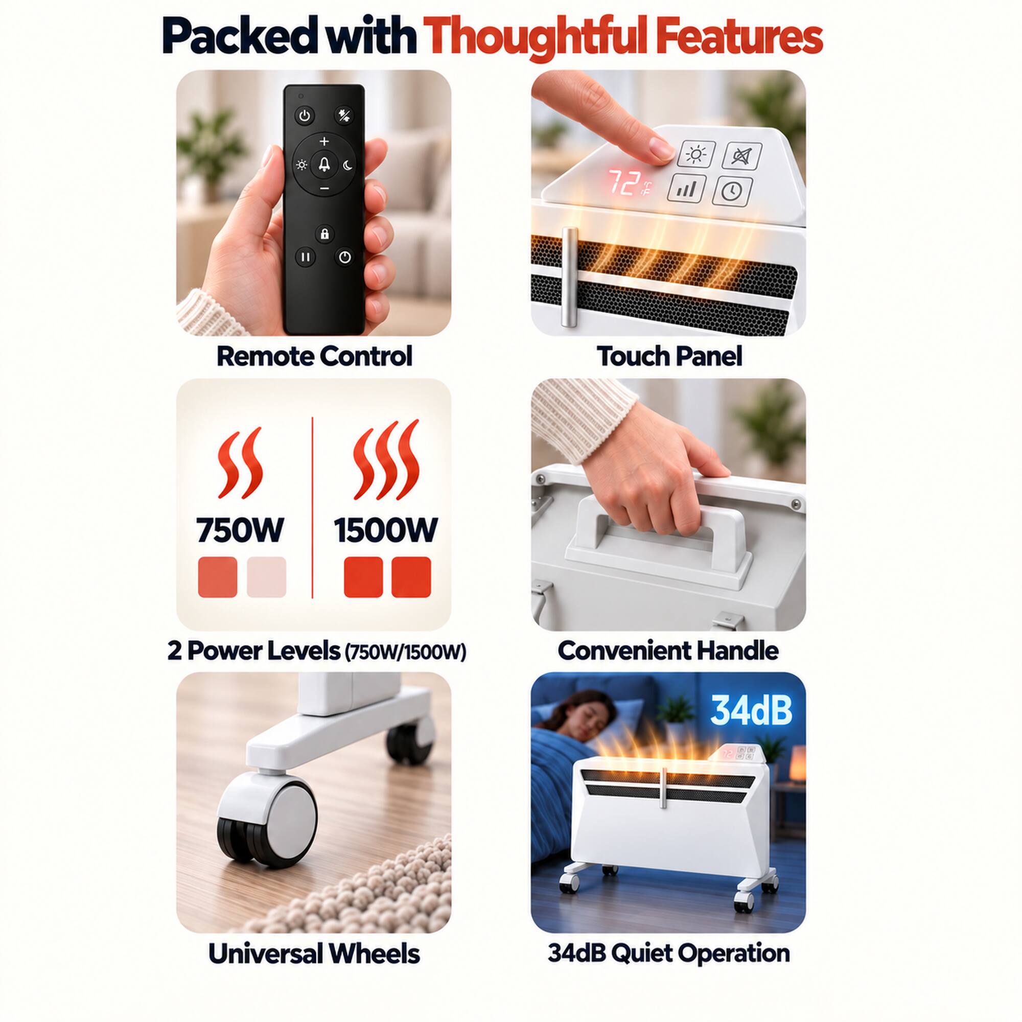 Packed with Thoughtful Features

- Remote Control
- Touch Panel
- 2 Power Levels (750W/1500W)
- Convenient Handle
- Universal Wheels
- 34dB Quiet Operation