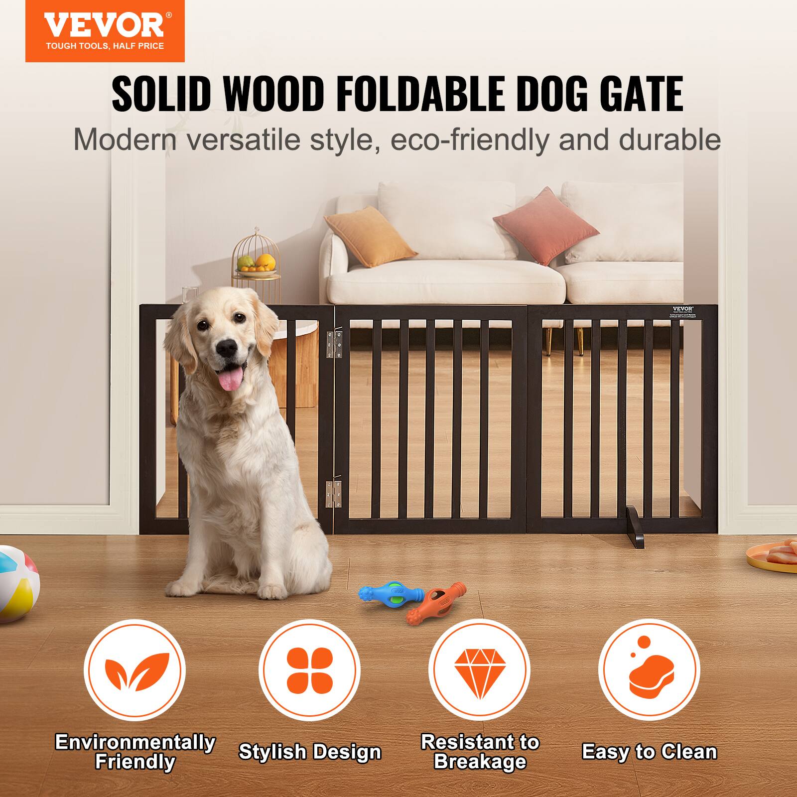 VEVOR TOUGH TOOLS, HALF PRICE SOLID WOOD FOLDABLE DOG GATE

Modern versatile style, eco-friendly and durable

Environmentally Friendly Stylish Design
Resistant to Breakage
Easy to Clean