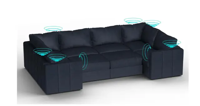 Angle. Lovesac - 8 Seats + 10 Sides Midnight Navy Corded Velvet & Lovesoft with 8 Speaker Immersive Sound + Charge System - Midnight Navy.