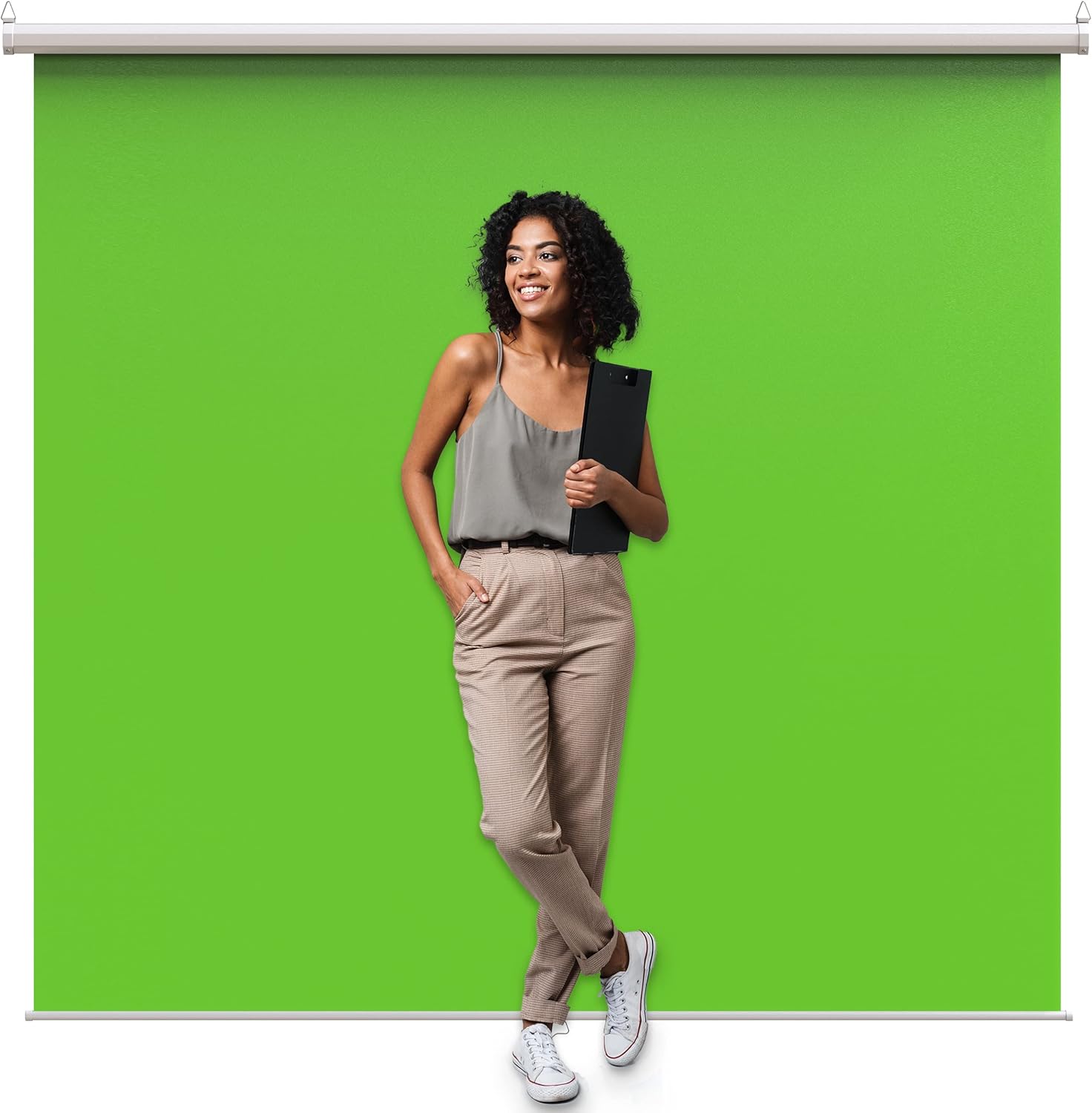 KHOMO GEAR - Green Screen 84 x 84 in – XL Pull-Down Backdrop with White Case for Video, Editing & Photography