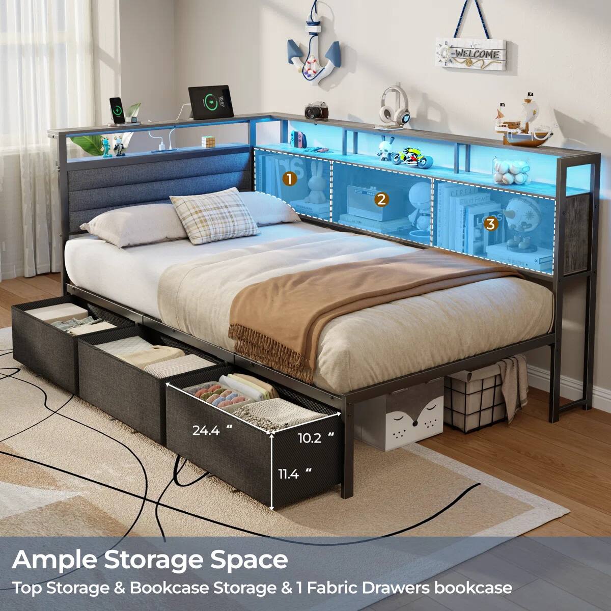 WELCOME

1. Fat Fran S
2. a 24.4" a 10.2" a. 11.4"
3. Ample Storage Space
4. Top Storage & Bookcase Storage & 1 Fabric Drawers bookcase