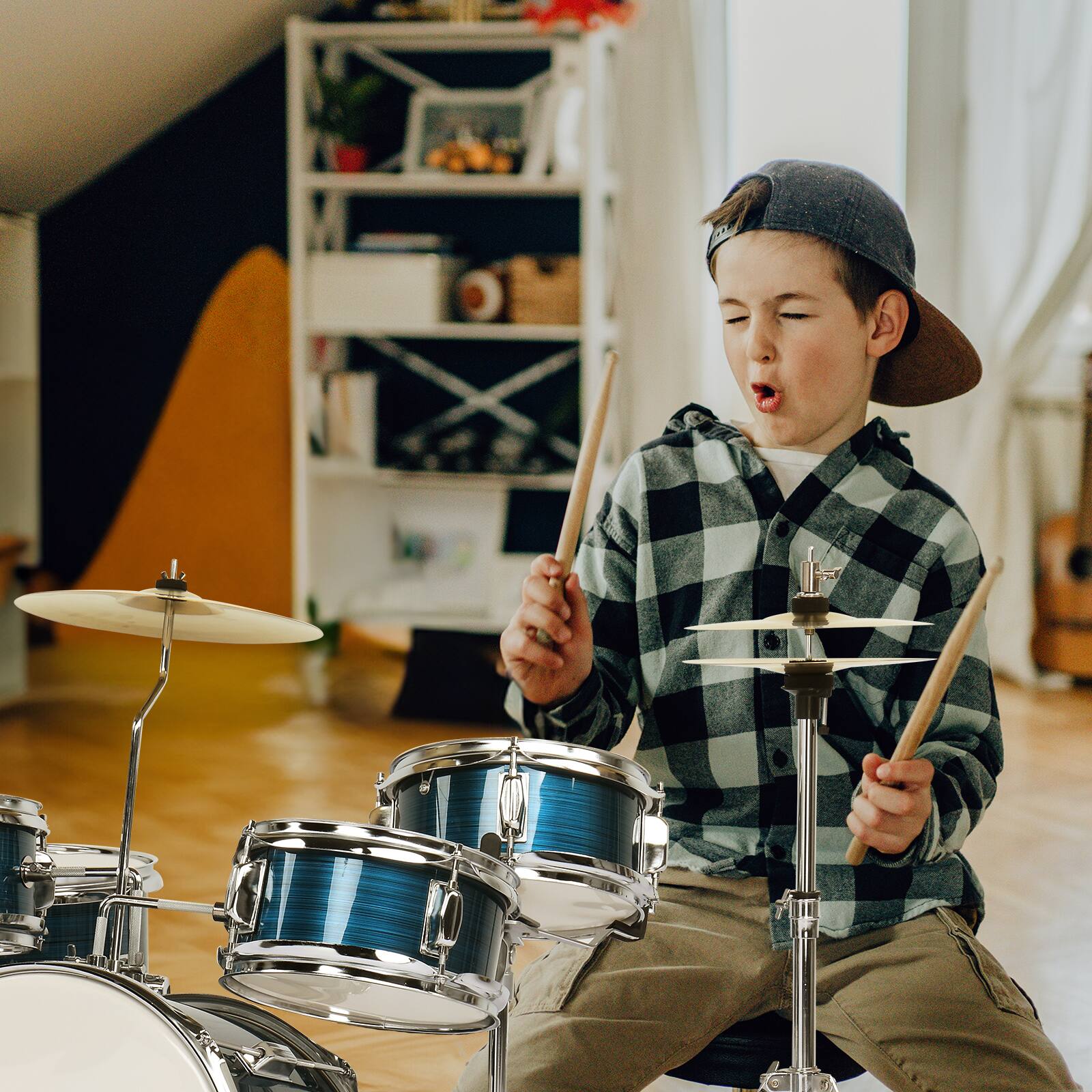Back. Winado - Glarry 5 Pieces Full Size Junior Drum Set Cymbals Kit with Stool & Sticks Black.