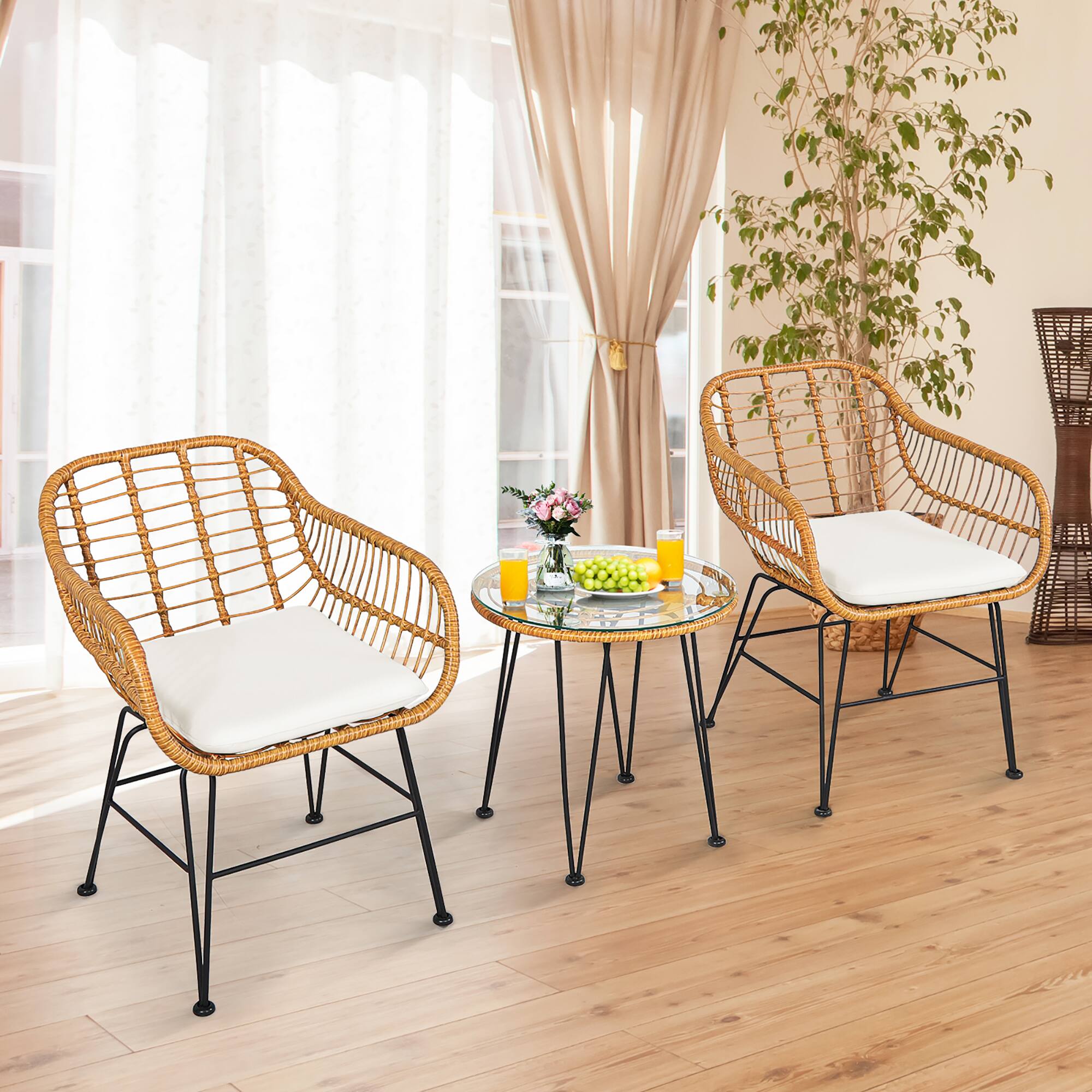 Alt View 4. Costway - Costway 3PCS Patio Rattan Bistro Furniture Set Cushioned Chair Table - White.