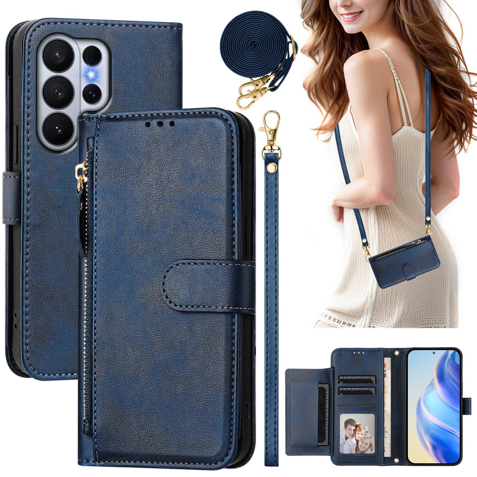 Front. Dteck - Wallet Case for Samsung Galaxy S26 Ultra, PU Leather Zipper Purse Credit Card Slots Flip Folio Cover with Straps - Blue.
