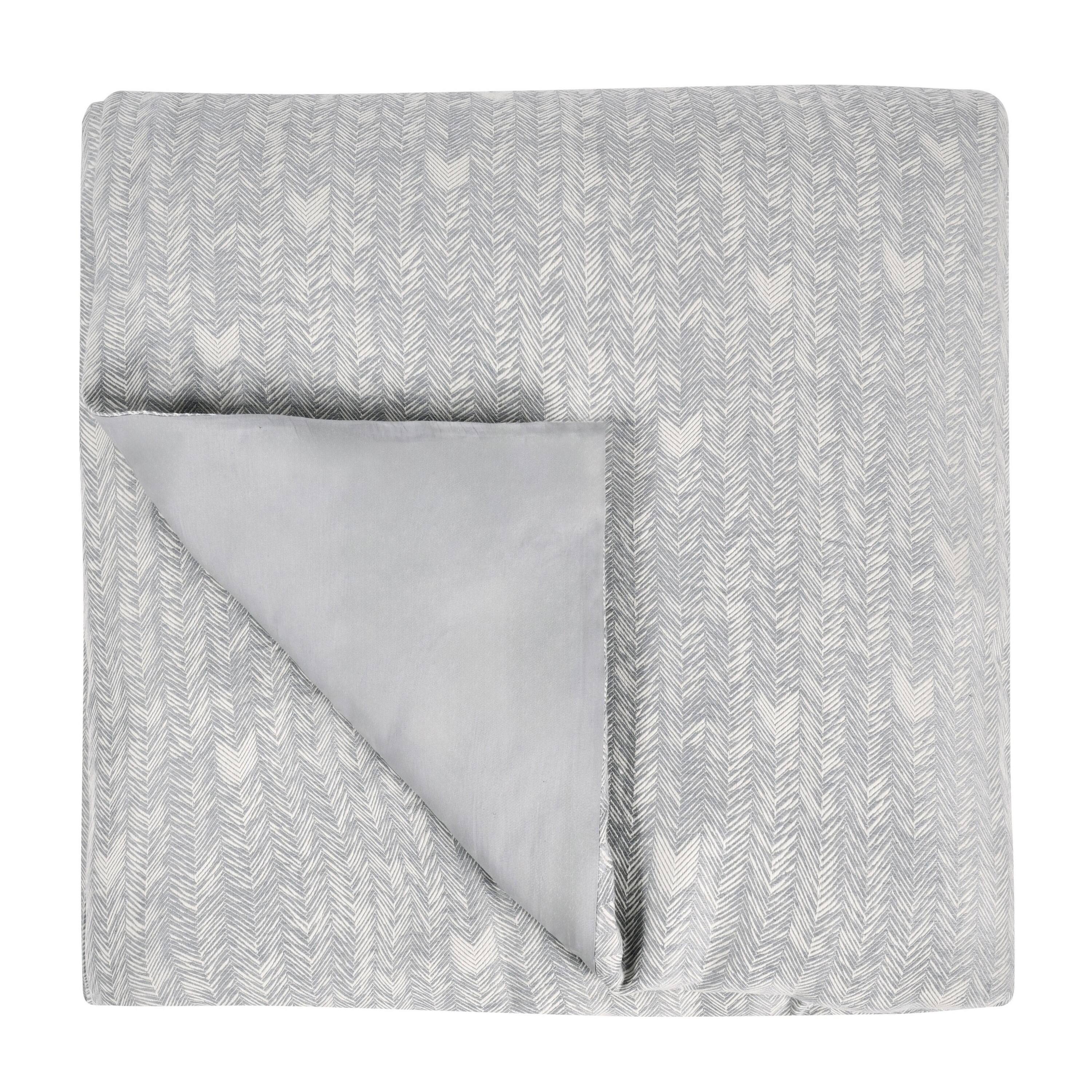 Front. Manhattan Lane - Zima Queen Size Duvet Cover, Embroidered Herringbone Pattern,  Cotton - Gray.