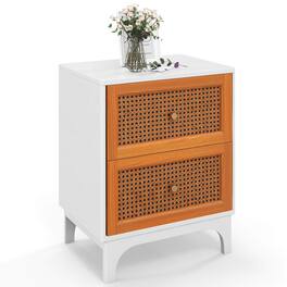 Costway - 1 PCS Rattan Nightstand with Storage Wood End Sofa Side Table with 2 drawers Wood Legs - White + Brown