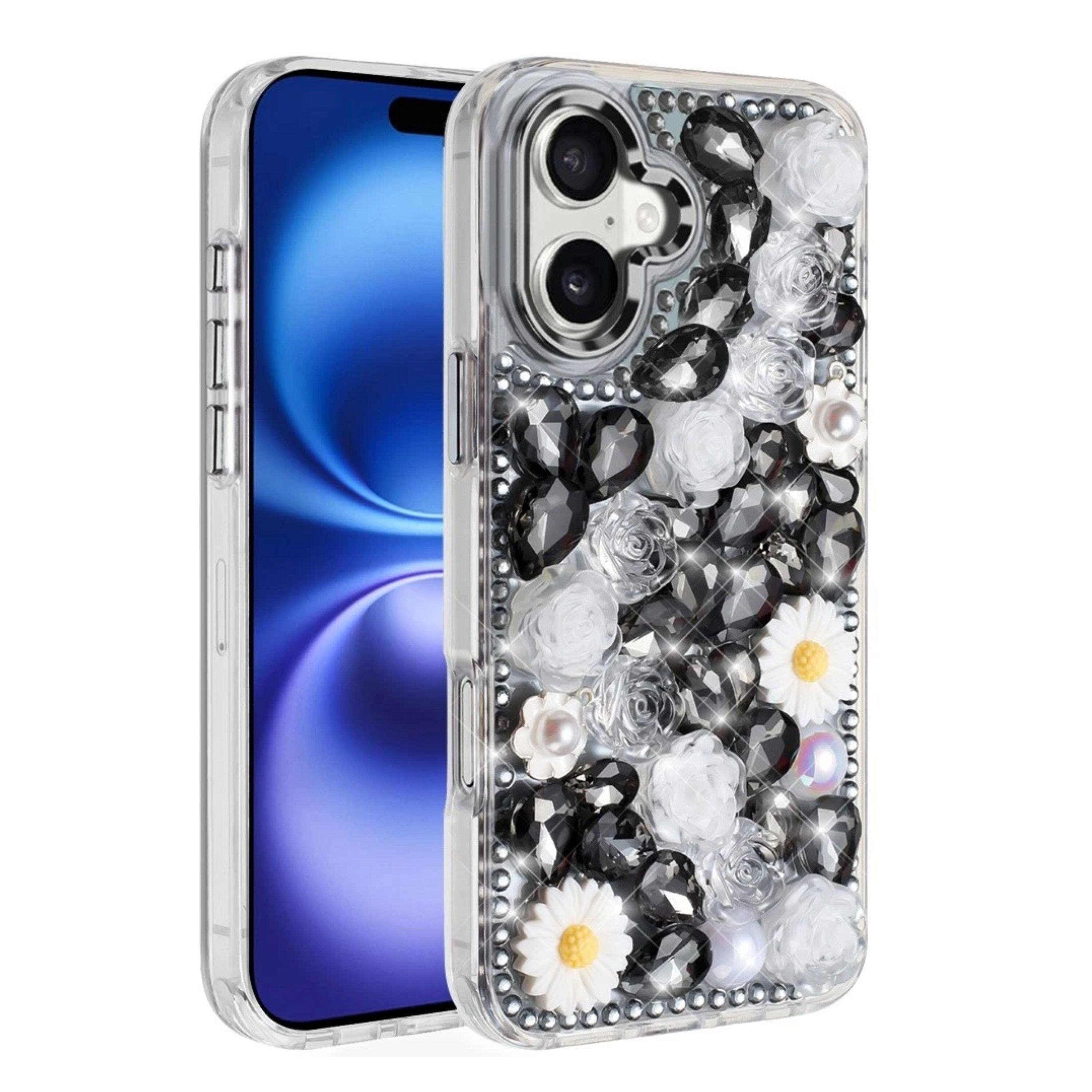 Kitcheniva - Full 3D Faux Jewel Floral Phone Case With Tempered Glass For iPhone 17 - Black price history on PriceWatchPro