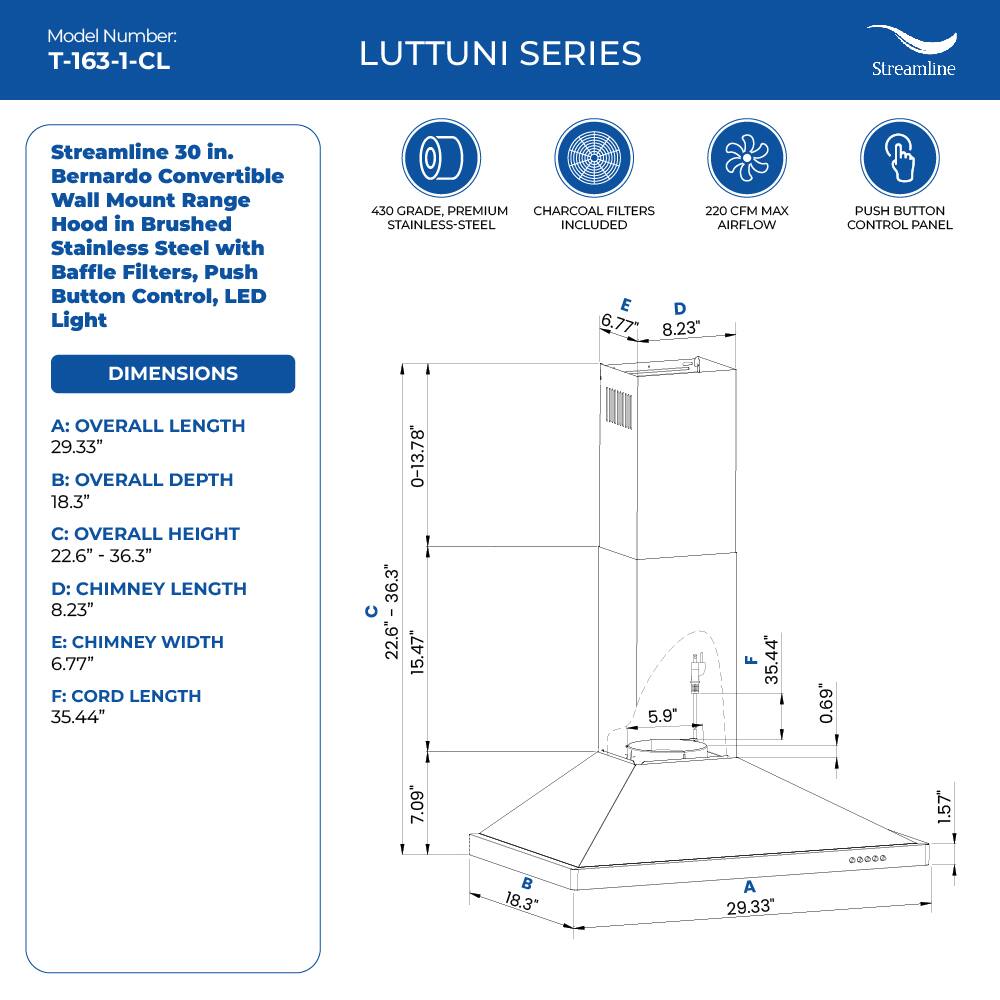 Model Number: T-163-1-CL LUTTUNI SERIES Streamline Streamline 30 in. Bernardo Convertible Wall Mount Range Hood in Brushed Stainless Steel with Baffle Filters, Push Button Control, LED Light 430 GRADE, PREMIUM CHARCOAL FILTERS 220 CFM MAX STAINLESS-STEEL INCLUDED AIRFLOW E D 6.77" 8.23" PUSH BUTTON CONTROL PANEL DIMENSIONS A: OVERALL LENGTH 29.33" B: OVERALL DEPTH 18.3" C: OVERALL HEIGHT 22.6" 36.3" D: CHIMNEY LENGTH 8.23" E: CHIMNEY WIDTH 6.77" F: CORD LENGTH 35.44" 22.6"- 36.3" 0-13.78 15.47" 5.9" F 35.44" 0.69 7.09* 1.57  18.3" A 29.33"