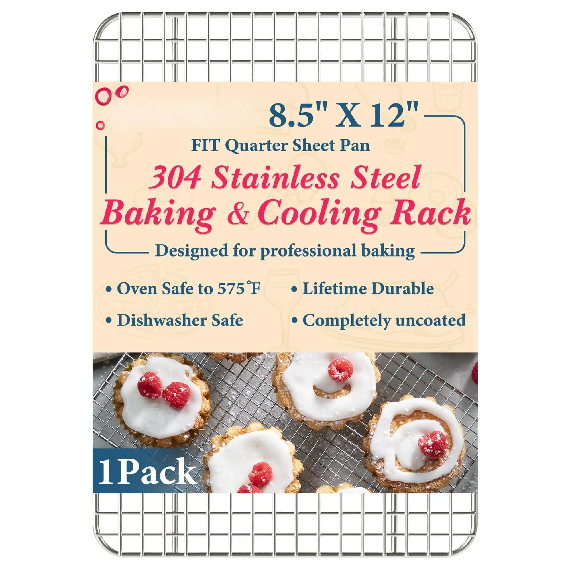 8.5" X 12"  
FIT Quarter Sheet Pan  
304 Stainless Steel Baking & Cooling Rack  
Designed for professional baking  

- Oven Safe to 575 F  
- Dishwasher Safe  
- Lifetime Durable  
- Completely uncoated  

1 Pack