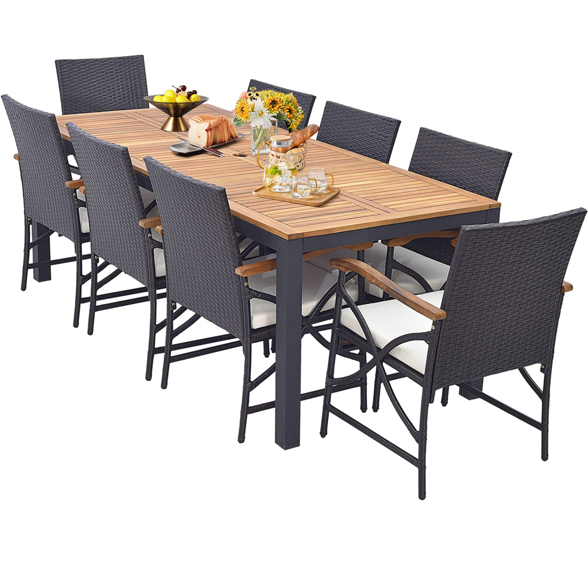 Front. Costway - 9 PCS Patio Rattan Dining Set with Acacia Wood Table, Cushions, 1.9" Umbrella Hole - Mix Brown + Off White.