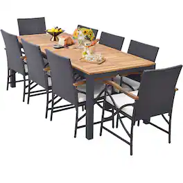 Costway - 9 PCS Patio Rattan Dining Set with Acacia Wood Table, Cushions, 1.9" Umbrella Hole - Mix Brown + Off White