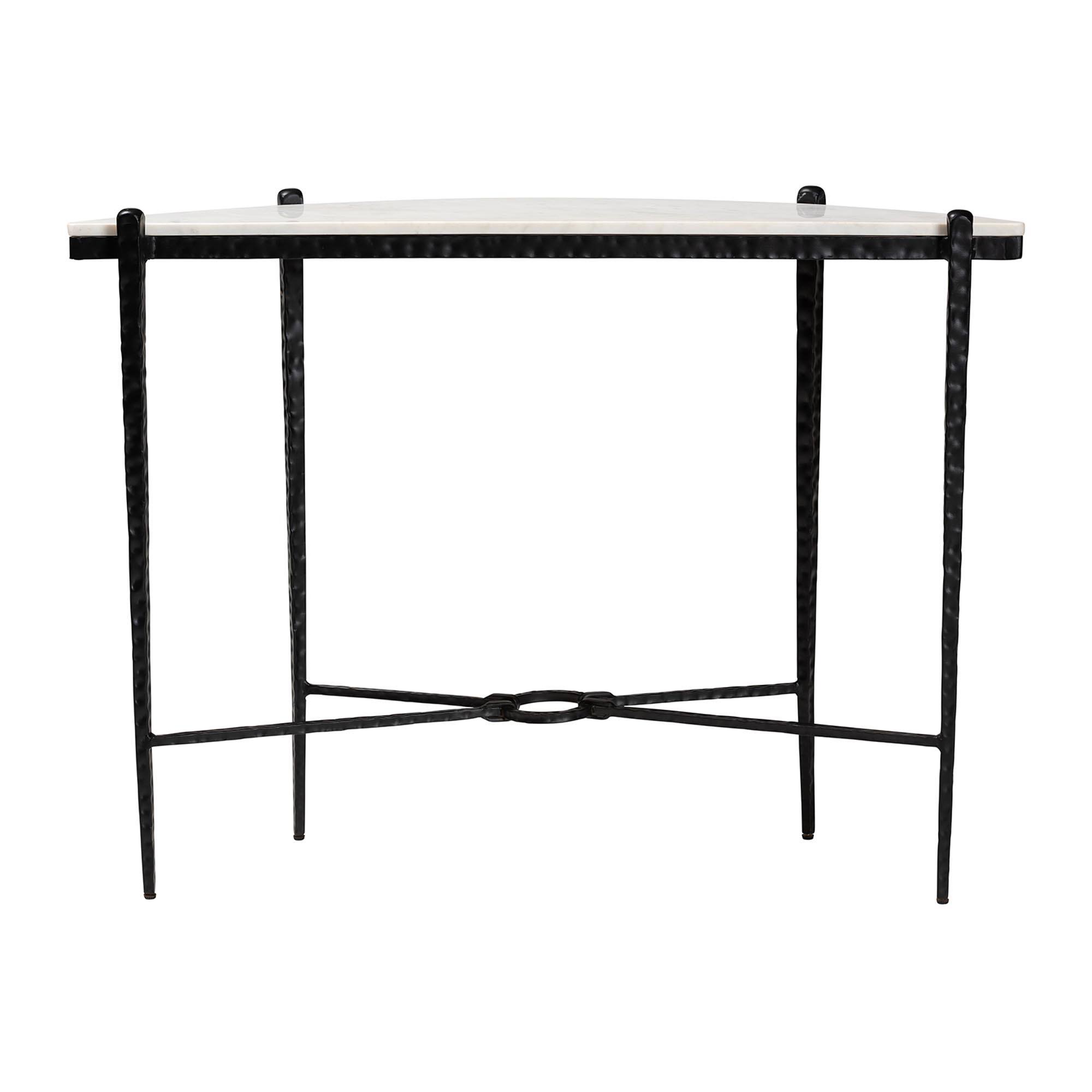Back. Baxton Studio - Caledon Marble Console Table - Modern Rustic Accent Table with Hand-Forged Metal Frame and Half-Moon Tabletop - Marble White/Black.