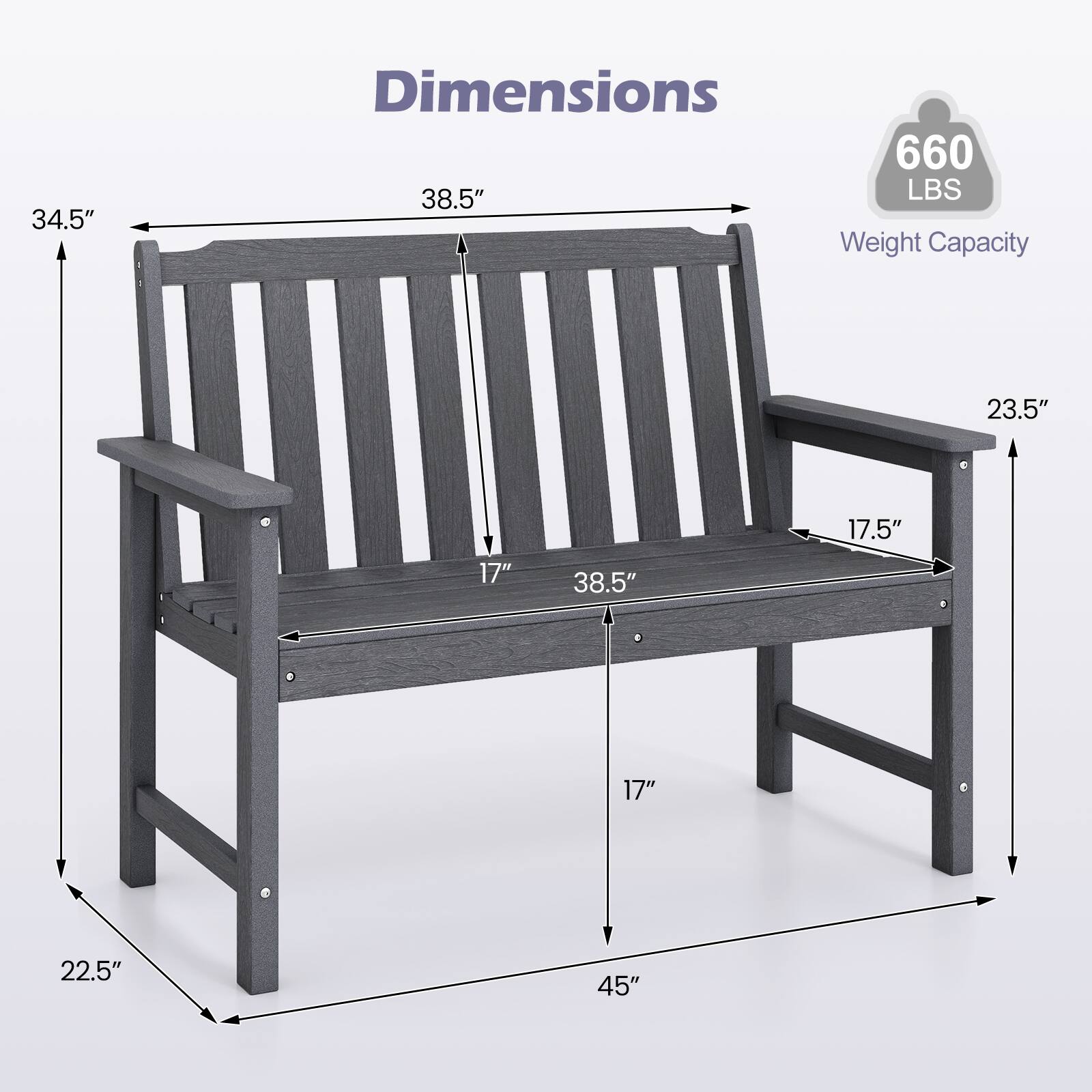 Dimensions: 34.5" x 38.5" x 23.5" x 17.5" x 17" x 38.5" x 17" x 22.5" x 45"  
Weight Capacity: 660 LBS