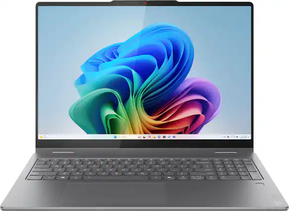 Summary: A laptop computer is open and displaying a colorful image on the screen.