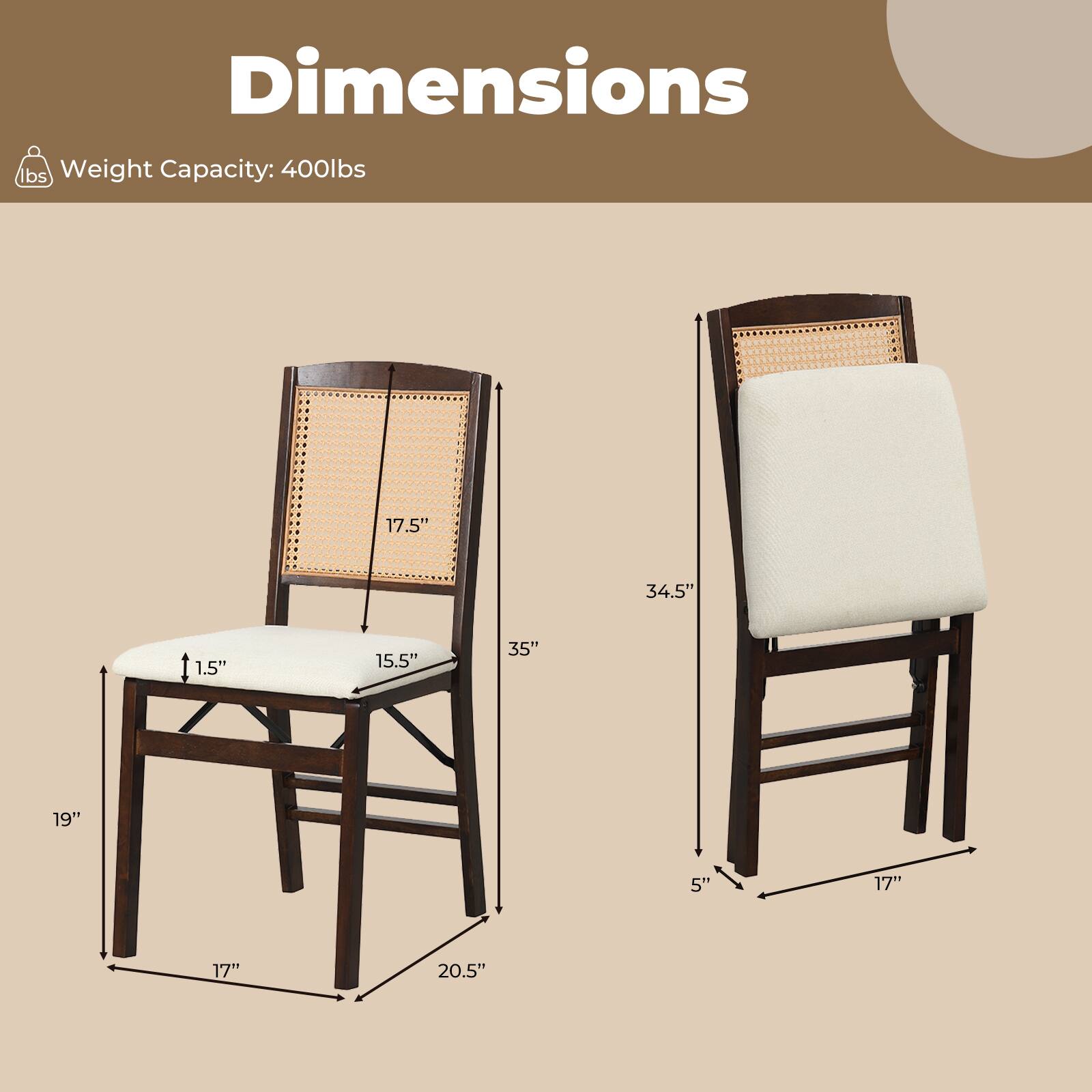 Dimensions  
Weight Capacity: 400lbs  
17.5"  
34.5"  
1.5"  
15.5"  
35"  
19"  
5"  
17"  
17"  
20.5"