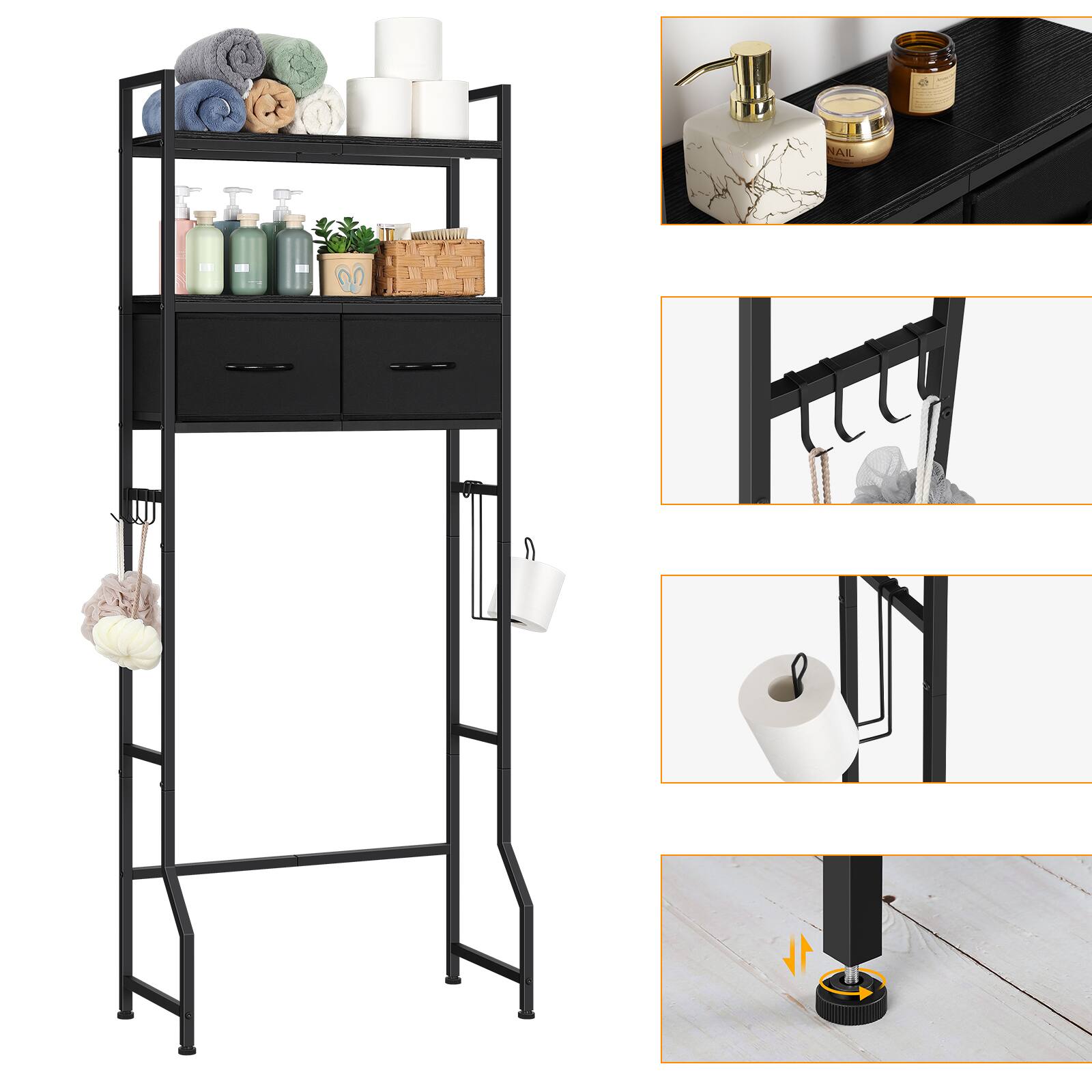 Back. Oumilen - Over-the-Toilet Storage Shelf with 2 Fabric Drawers, Black - Black.