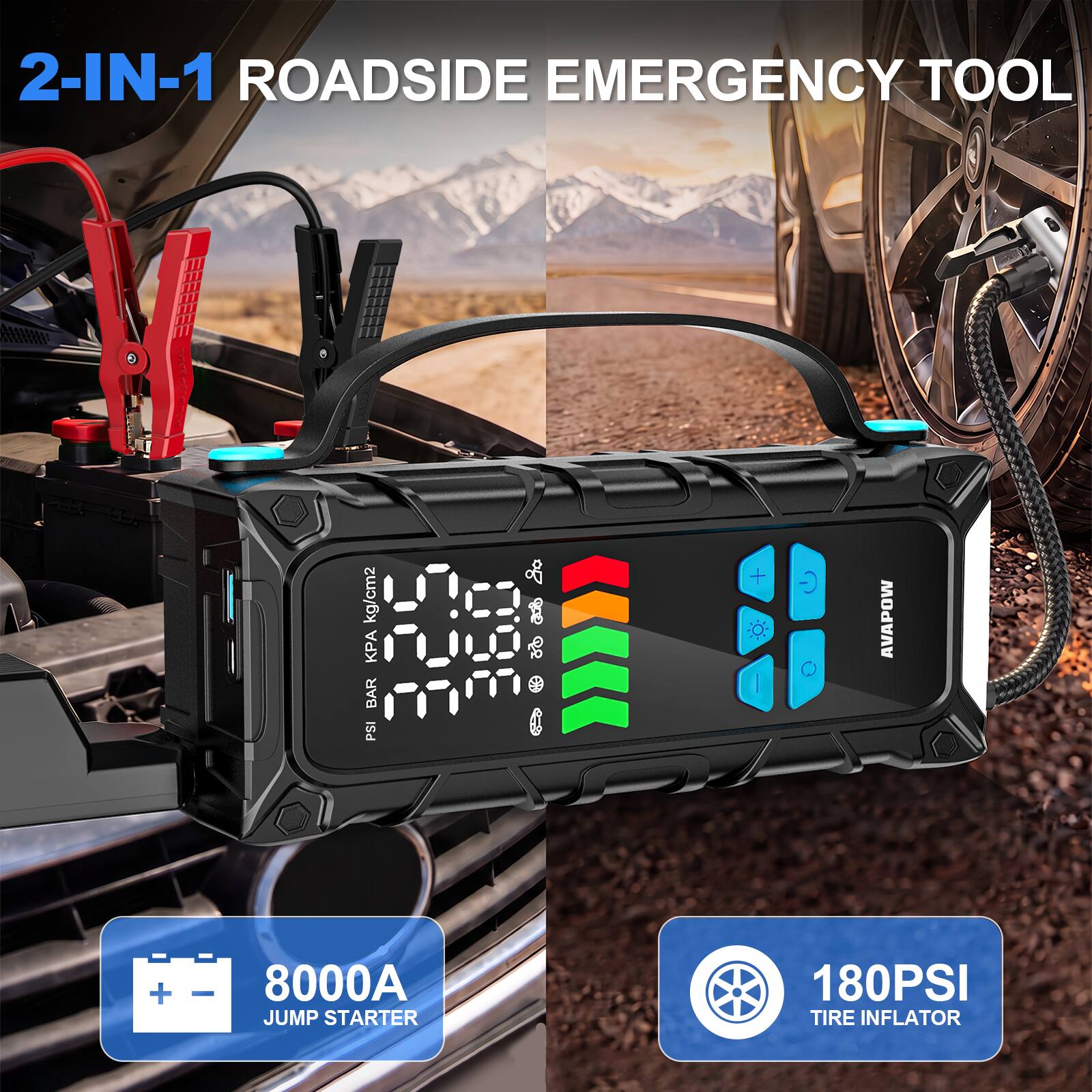 2-IN-1 ROADSIDE EMERGENCY TOOL

- 8000A JUMP STARTER
- 180PSI TIRE INFLATOR