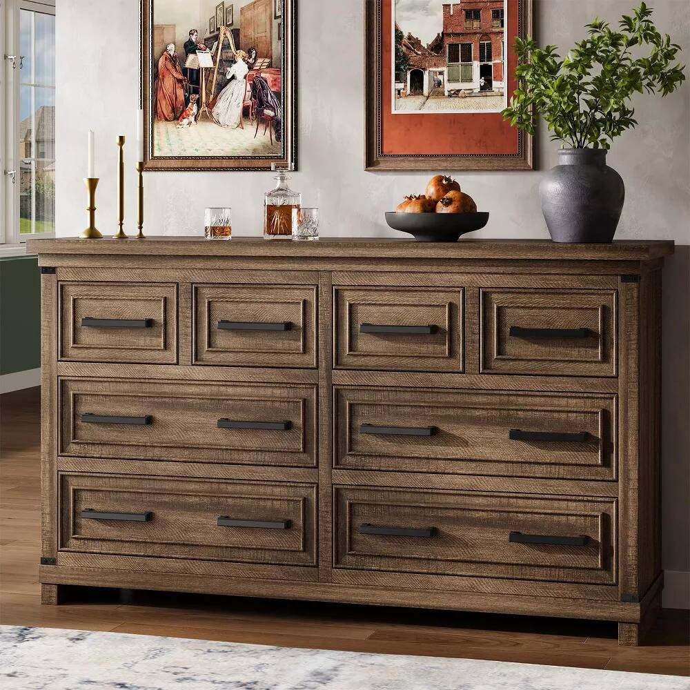 Alt View 1. Jojoka - Farmhouse 8 Drawer Dresser for Bedroom, Rustic Wood Chest of Drawers - Brown.