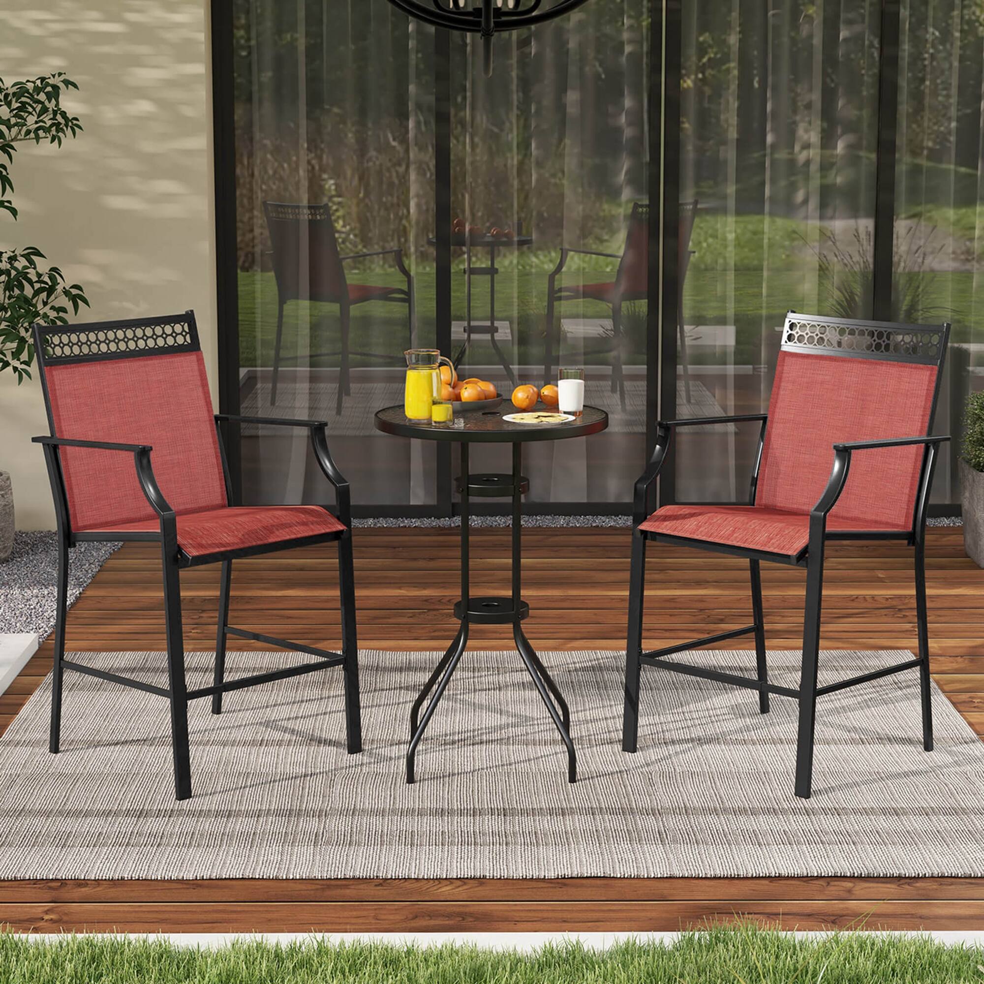 Alt View 3. Costway - Costway Outdoor Counter Stools Set of 2 with Footrest & Armrests Metal Frame for Backyard - Red.